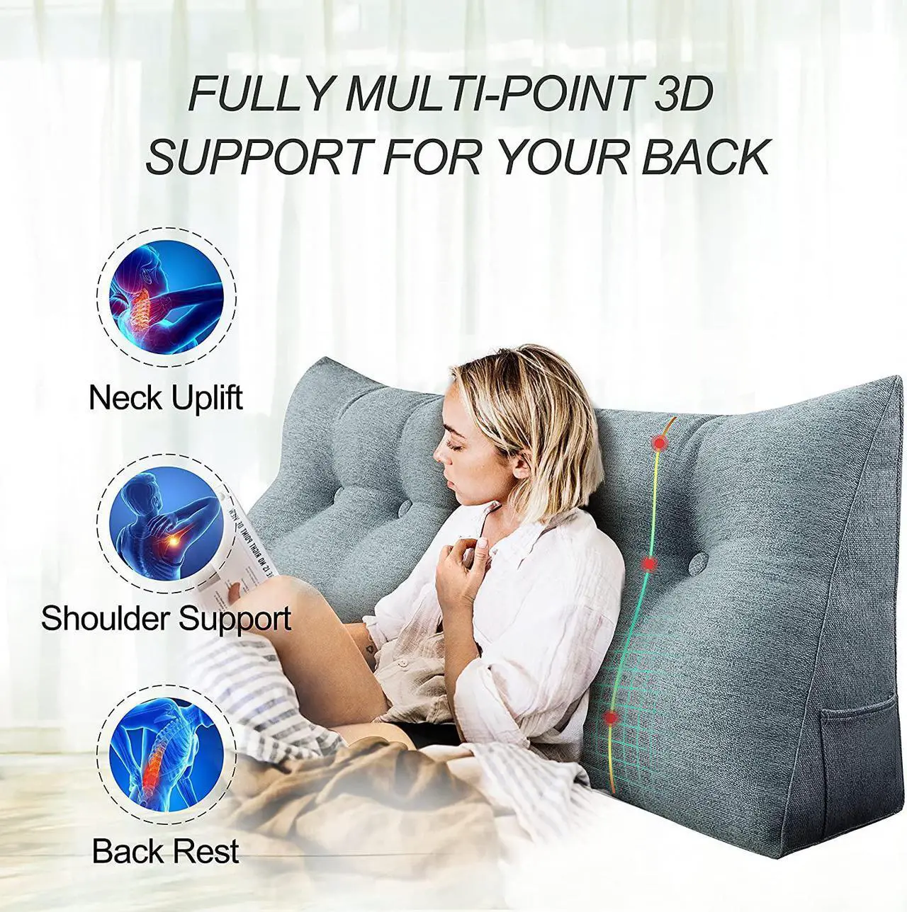 Alt view image 2 of 7 - Rucener Triangular Reading Pillow Large Bolster Headboard Backrest Positioning Support Wedge Pillow for Day Bed Bunk Bed with Removable Cover