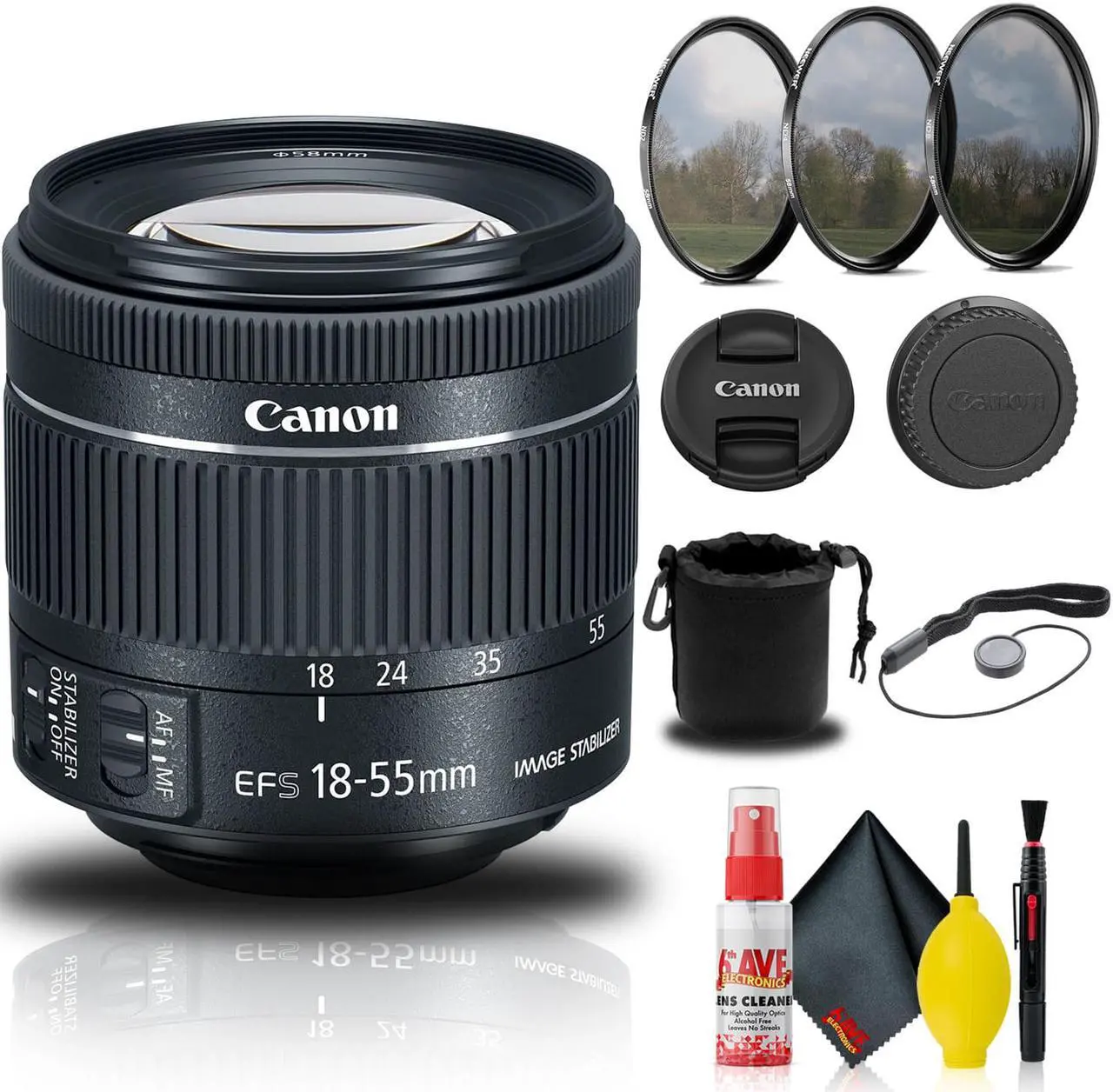 Main image of Canon EF-S 18-55mm f/4-5.6 IS STM Lens (1620C002) + Filter + Lens Pouch + More
