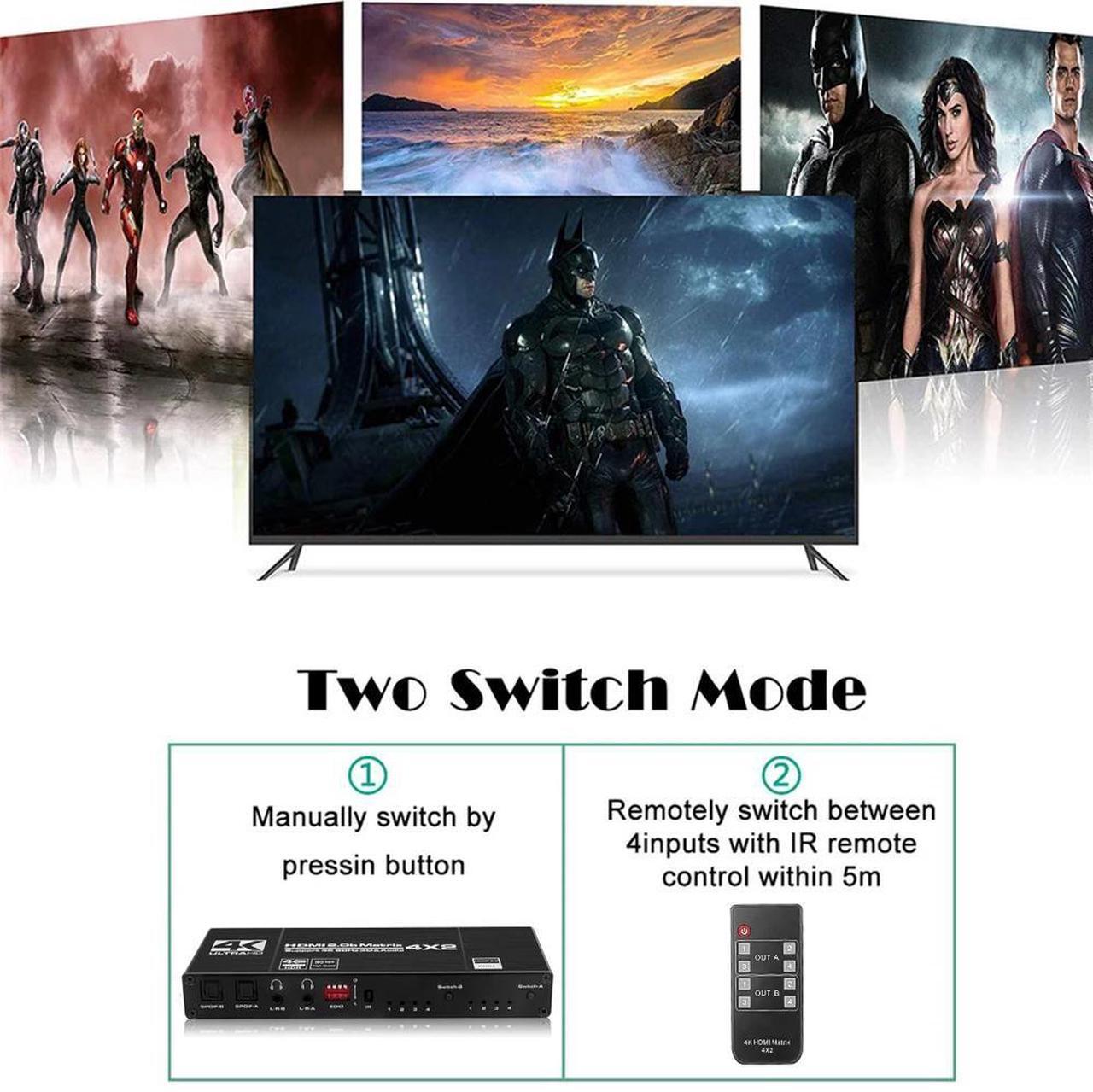 Alt view image 5 of 6 - 4K@60Hz HDMI Matrix Switch Splitter 4x2 IR Remote Control with SPDIF and L/R 3.5mm HDR Switcher 4x2 Support HDCP 2.2 4DLength: 1.5m (US Power Plug)
Color: Black (black)