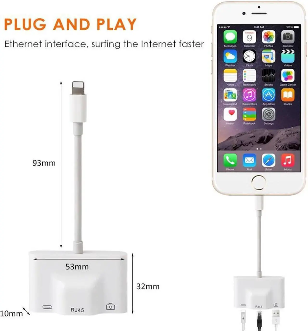 Alt view image 3 of 5 - Charger Adapter connector For Lightning to LAN 1000M 100M Ethernet RJ45 Adapter OTG USB Camera Reader For iPhone/iPadLength: 1.5m (100M LAN)