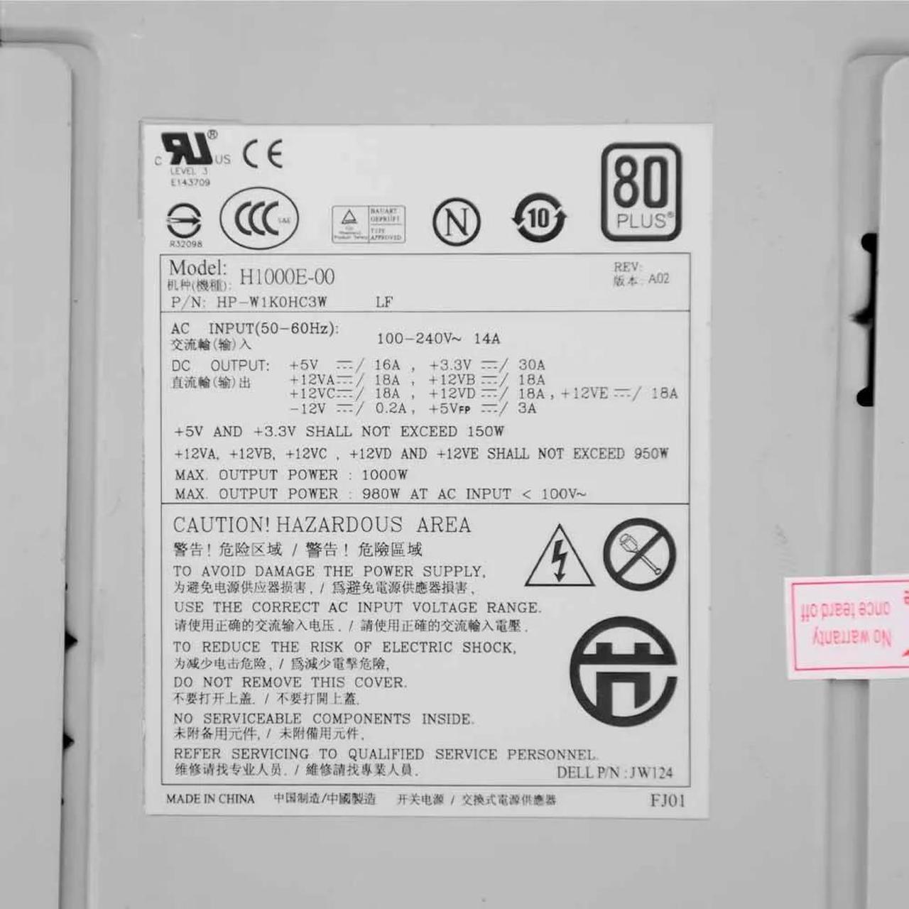 Alt view image 4 of 4 - for D-ell Precision T7400 workstation Power Supply 1000W N/H1000E-00 JW124 C309D