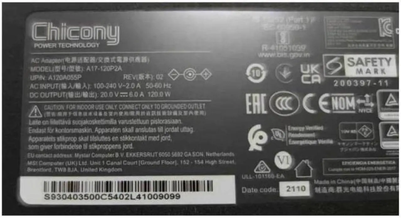 Alt view image 2 of 4 - 20V 6A 120W 4.5x3.0mm Chicony A17-120P2A A12A055P THIN Power Supply AC Adapter For MSI CF63 MS-16R5 Laptop Charger