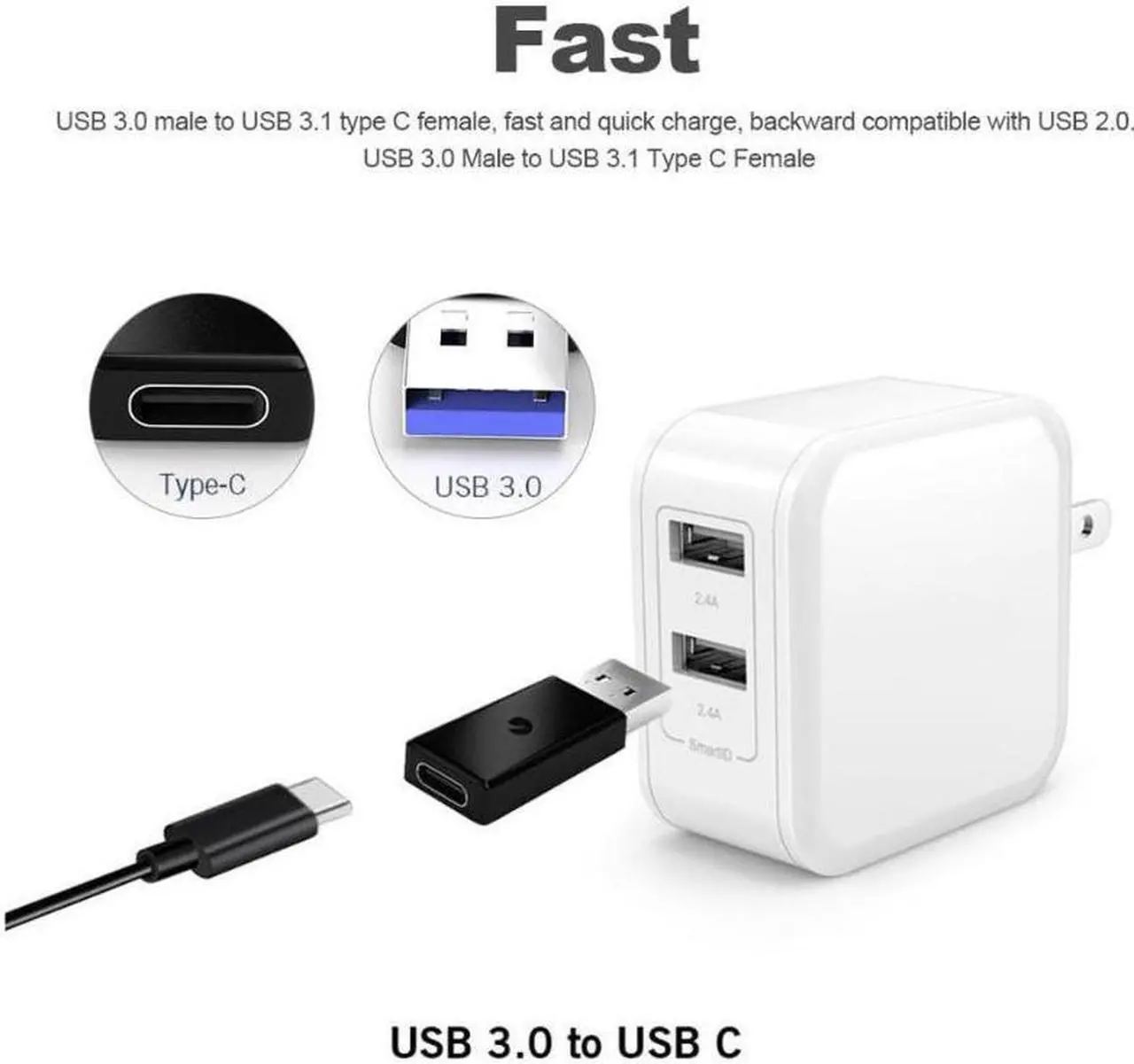 Alt view image 3 of 4 - USB 3.0 Male to USB 3.1 Type C Female Data Converter USB 3.0 to USB-C Female Adapter Port for Laptop Phone Black Converter