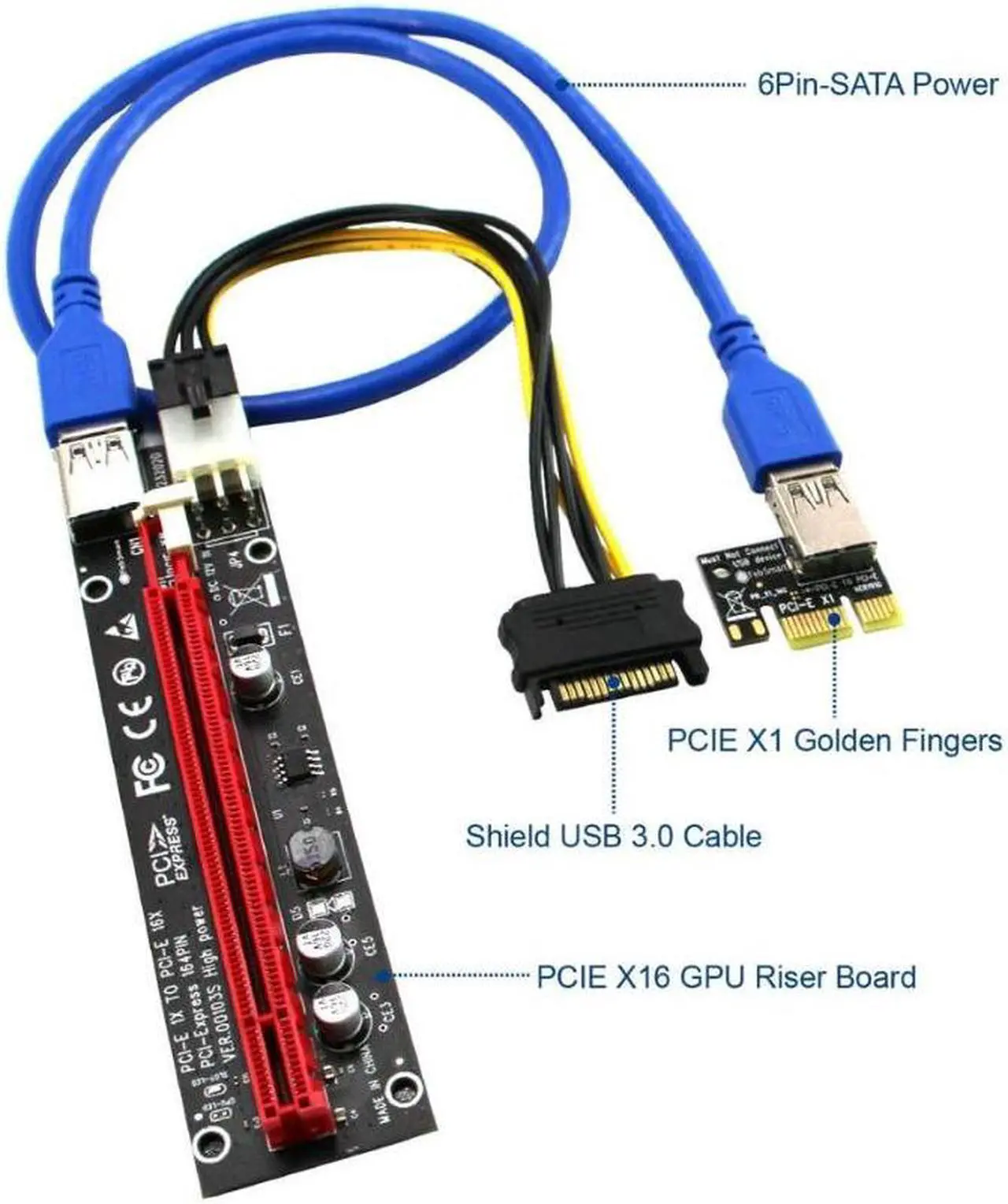 Alt view image 2 of 7 - PCIE Riser Cable VER006C,GPU Risers for Mining Rigs,GPU Extension Cable,GPU Crypto Currency Mining Cable with 6Pin-SATA Power Cable and 23.6in Extension Cable,Extend PCIE X1 to PCIE X16