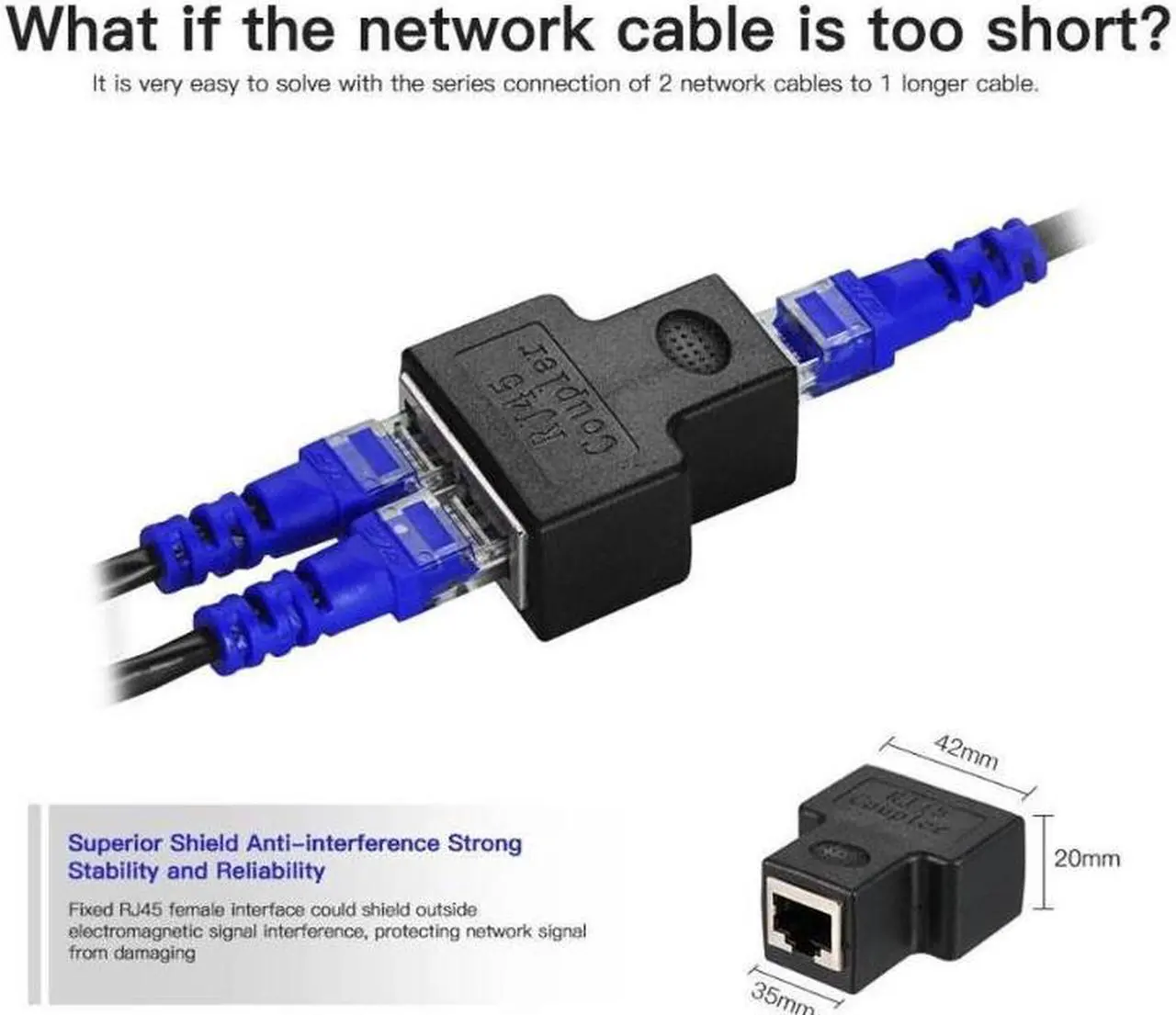 Alt view image 2 of 4 - RJ45 Splitter Adapter Connector 1 to 2 Female Ports Ethernet Cables Socket Splitter Hub PC Laptop Router Contact Modular Plug