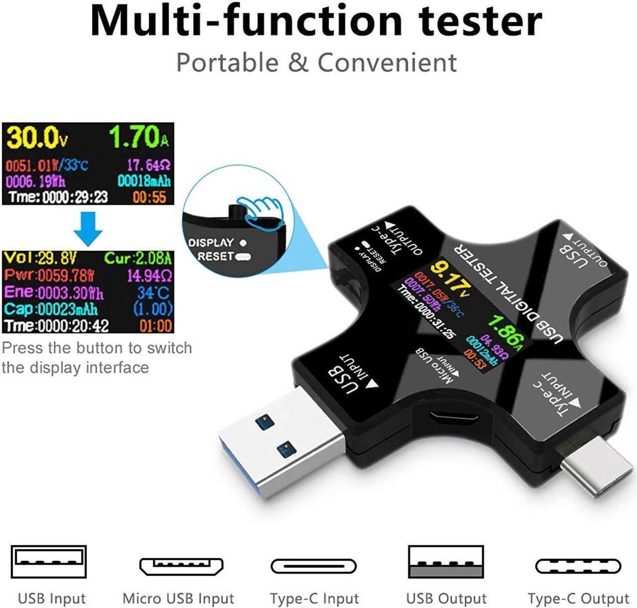 Alt view image 3 of 7 - USB Power Meter Testers, Electop Upgrade Multi Functional 2 in 1 Type C USB Tester, LCD Digital Multimeter, Voltage,Current, Power Capacity, Temperature, Working Time Detector (Pack with OTG Adapter)