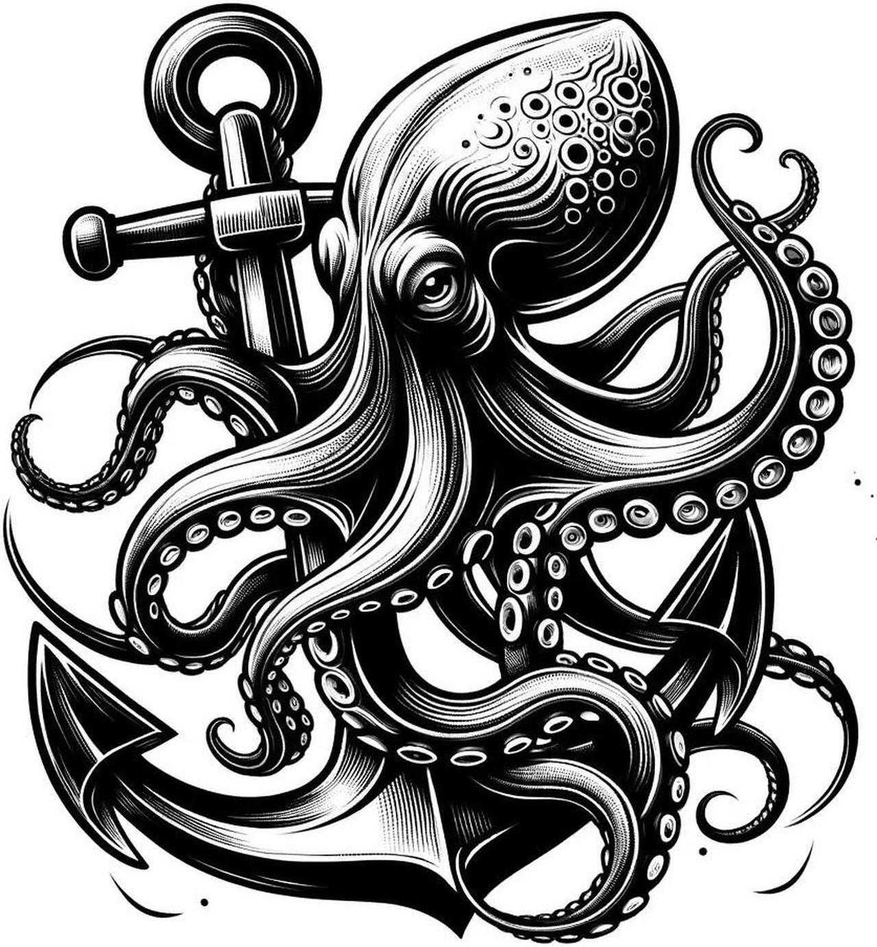 Main image of Octopus Wrapped Around Anchor Temporary Tattoos Unique Tattoo Hands Party Favors For Kids Fake Face Tattoos 6 Pcs Style A3.7 x 3.7 inches