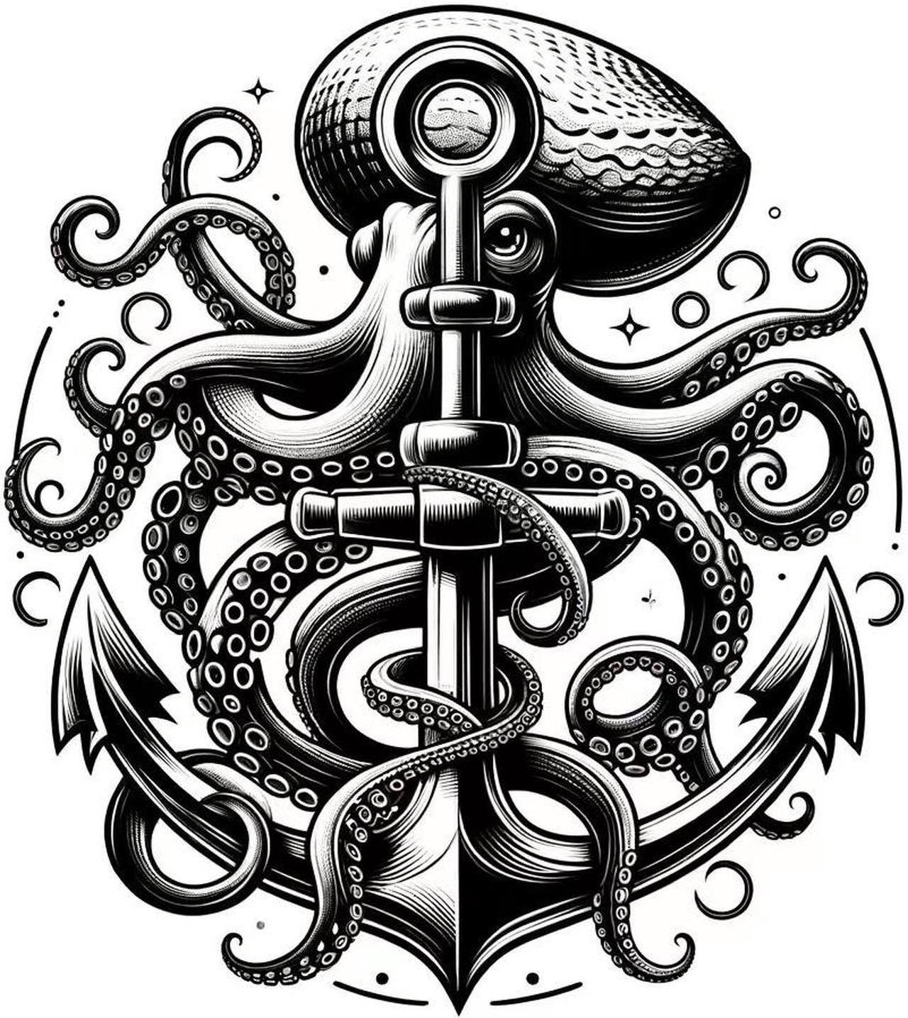 Main image of Octopus Wrapped Around Anchor Temporary Tattoos Unique Tattoo Hands Party Favors For Kids Fake Face Tattoos 6 Pcs Style C3.7 x 3.7 inches