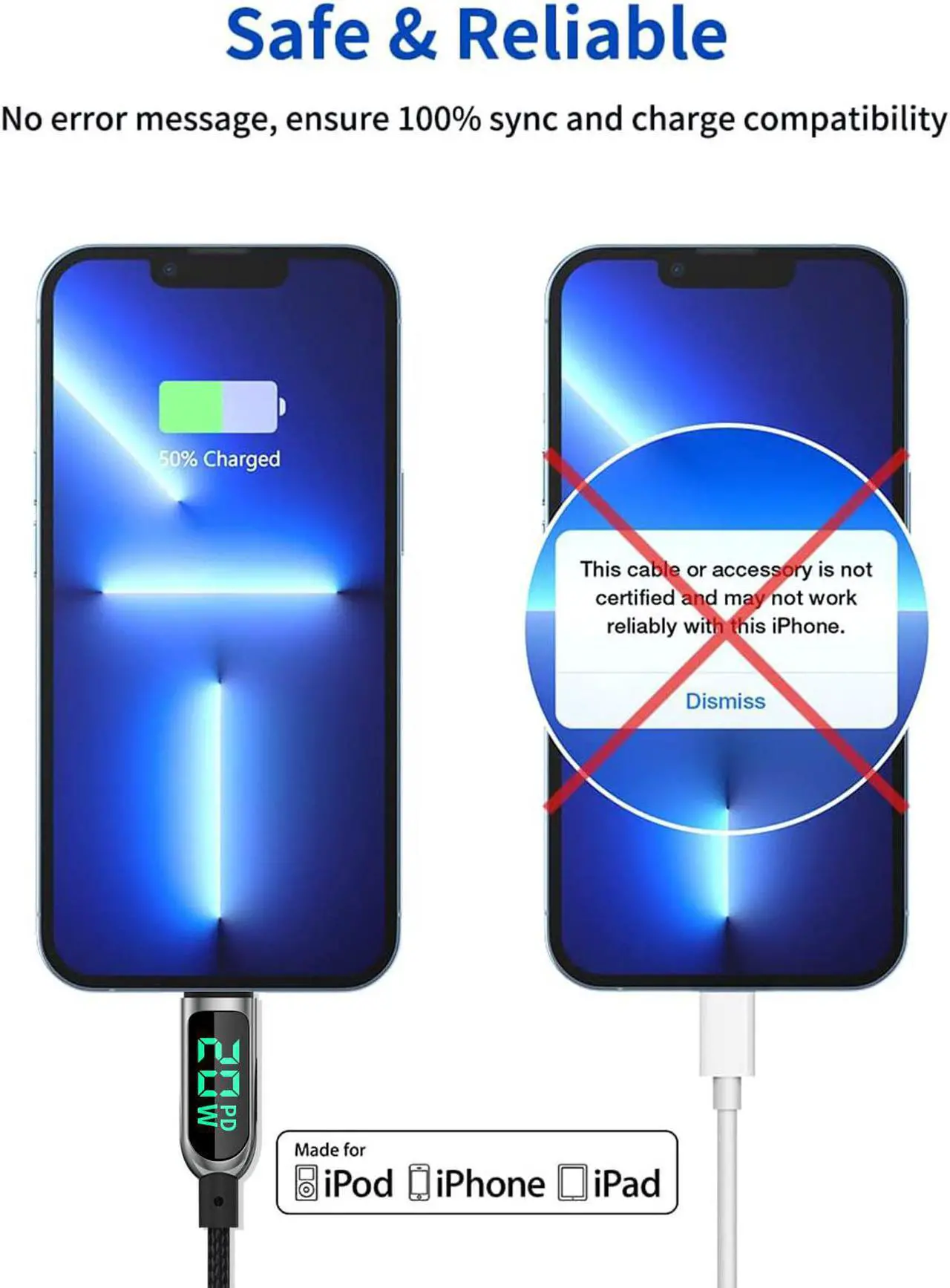 Alt view image 7 of 7 - USB C to Lightning Cable 10ft, Power Delivery USB C iPhone Cable MFi Certified Braided Type C iPhone Charger Cord Fast Charging with LED Display Compatible with iPhone 13 12 11 Pro Max X XS XR 8 7 6s