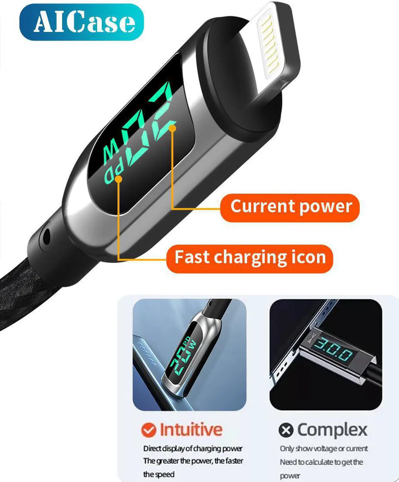 Alt view image 3 of 7 - USB C to Lightning Cable 10ft, Power Delivery USB C iPhone Cable MFi Certified Braided Type C iPhone Charger Cord Fast Charging with LED Display Compatible with iPhone 13 12 11 Pro Max X XS XR 8 7 6s