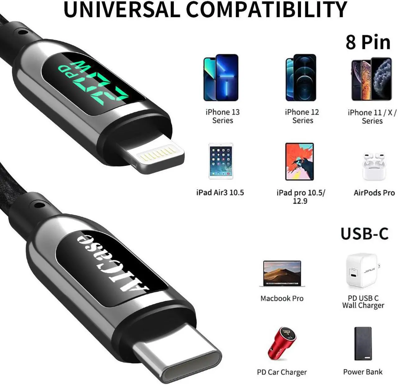 Alt view image 2 of 7 - USB C to Lightning Cable 10ft, Power Delivery USB C iPhone Cable MFi Certified Braided Type C iPhone Charger Cord Fast Charging with LED Display Compatible with iPhone 13 12 11 Pro Max X XS XR 8 7 6s