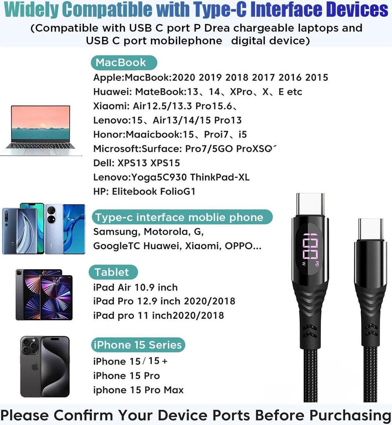 Alt view image 5 of 7 - USB C Charger Cable 2 Pack 4ft USB C to USB C Cable PD 100W Fast Charging Cable with LED Display Type C to Type C Charger for iPhone 15/15 Pro/15 Plus/15 Pro Max, Samsung S23 S22, iPad Pro MacBook Pro