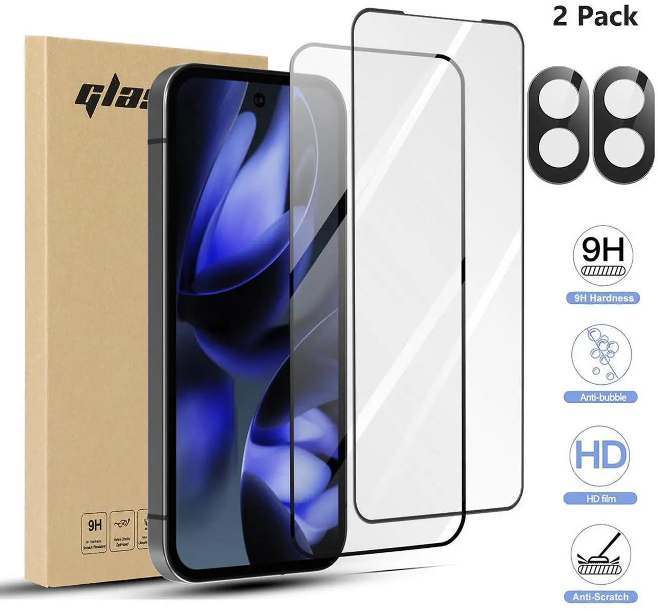 Main image of SZYG 2 Pack for Google Pixel 9a Tempered Glass Screen Protector & Camera Lens Protector, 9H Hardness, Support Fingerprint Unlock, Bubble-Free for Pixel 9a 6.3" 2025