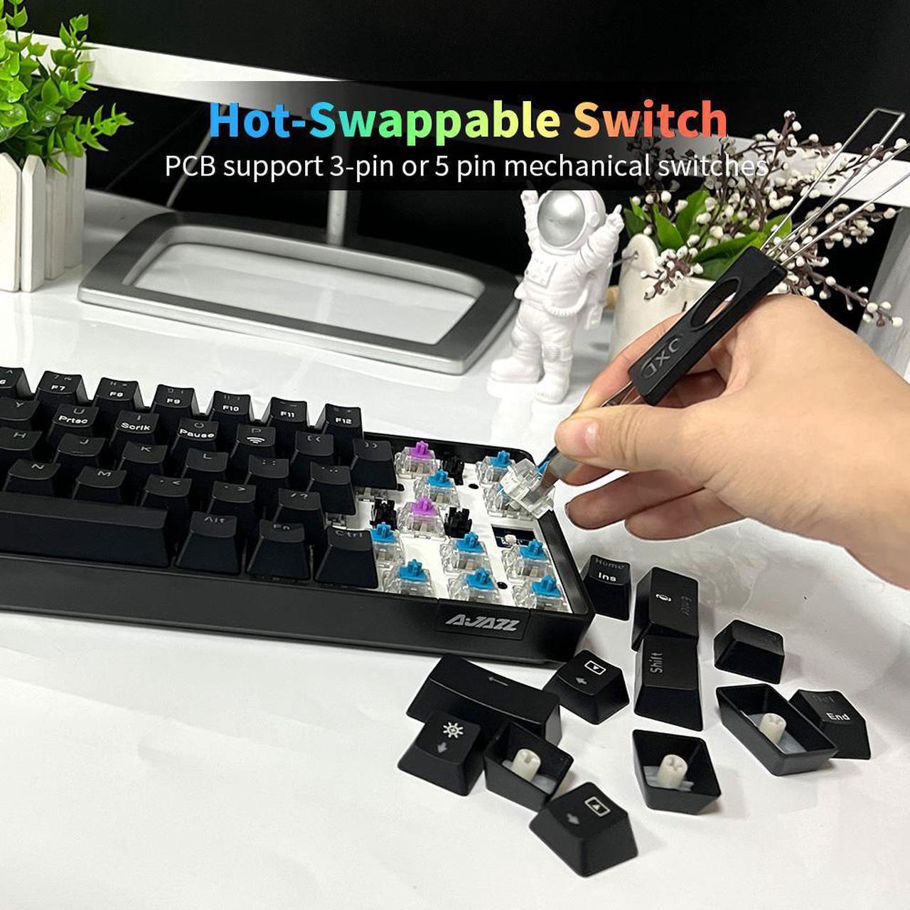 Alt view image 5 of 12 - AJAZZ 68 Key 65% Hot Swappable Mechanical Keyboard, 2.4G Wireless / Bluetooth / Wired RGB Backlit Keyboard, 1900mAh Programmable Keyboard for Win/Mac/Gaming, Click Blue Switch