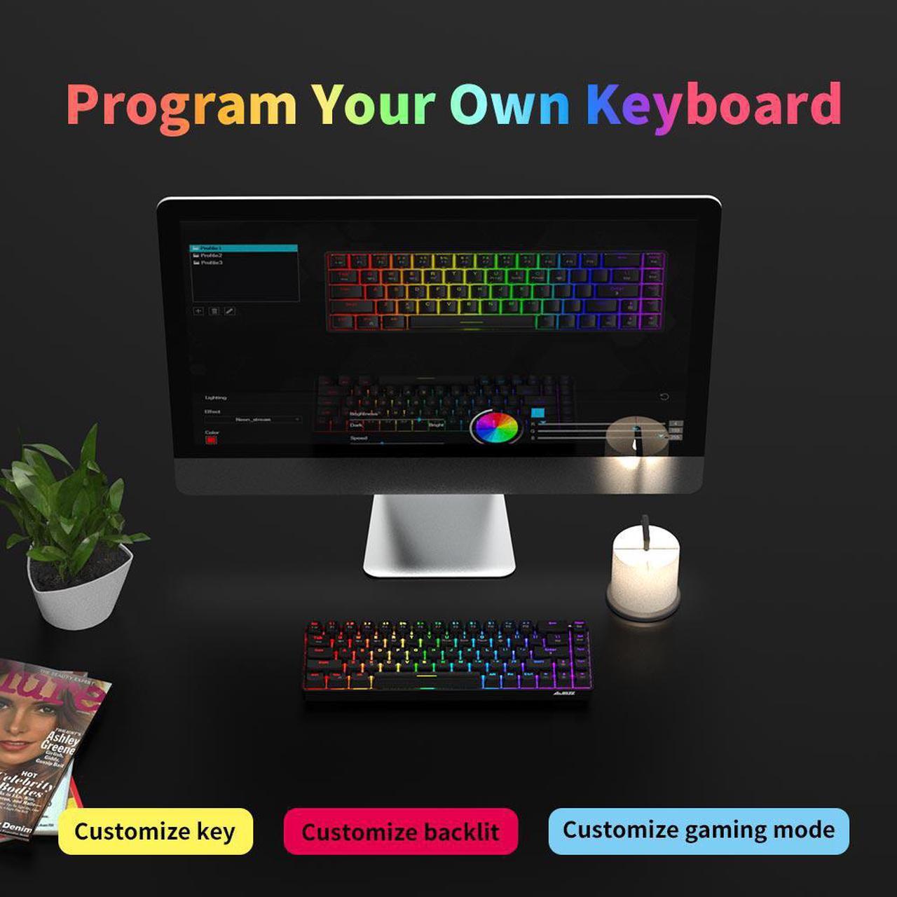 Alt view image 7 of 12 - AJAZZ 68 Key 65% Hot Swappable Mechanical Keyboard, 2.4G Wireless / Bluetooth / Wired RGB Backlit Keyboard, 1900mAh Programmable Keyboard for Win/Mac/Gaming, Click Blue Switch