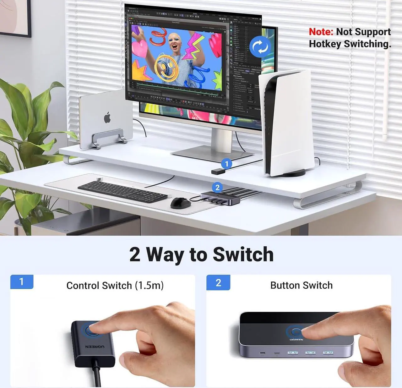 Alt view image 6 of 7 - UGREEN USB 3.0 HDMI KVM Switch with 4 USB 3.0 Ports (3 USB-A+1 USB-C) 4K@60Hz for 2 Computers Sharing Monitor Keyboard Mouse Hard Drives Printer, with 2 HDMI Cables, 2 USB Cables and Controller