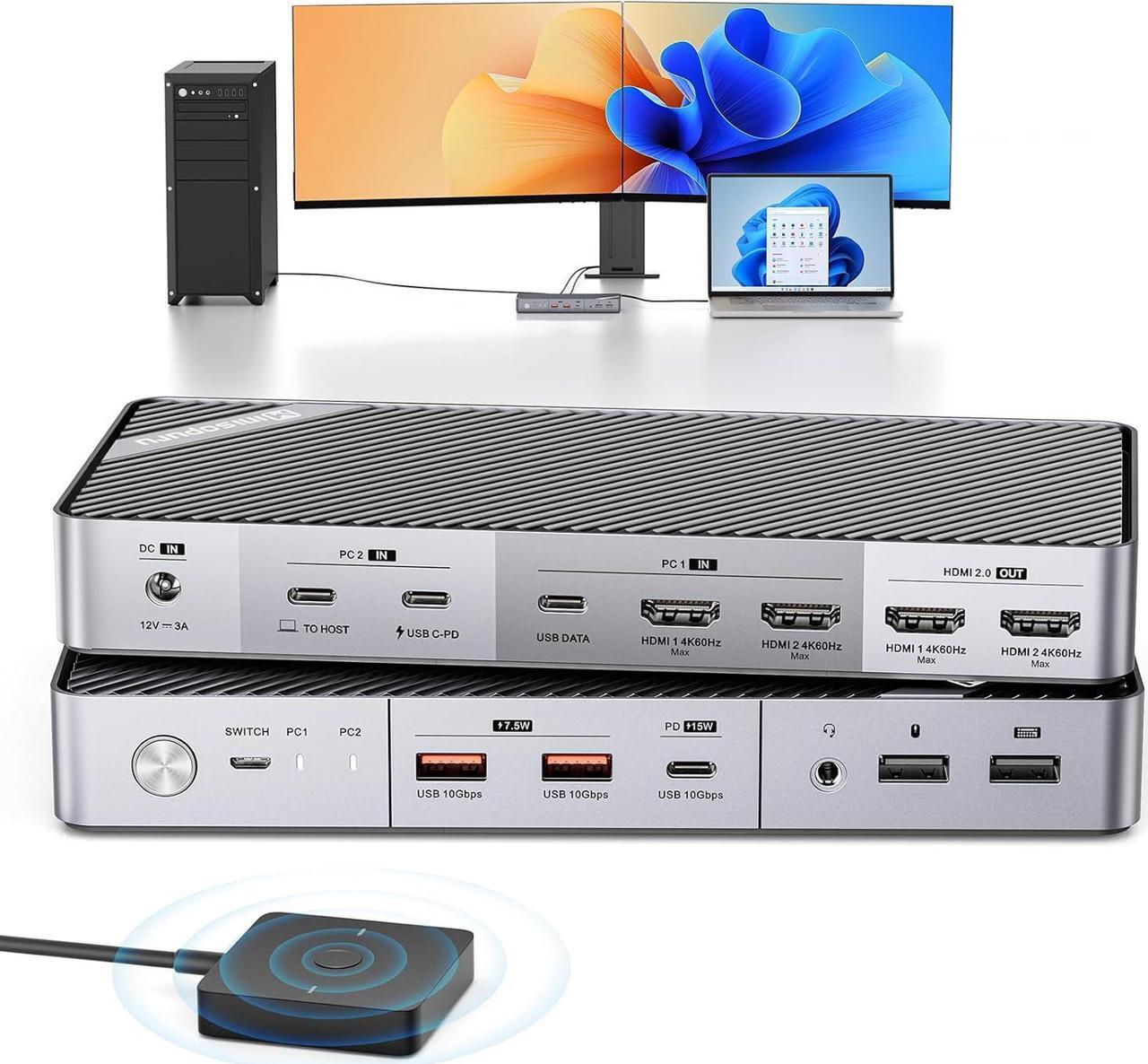 Main image of KVM Switch for Laptop & Desktop - 4K Dual Monitor KVM Switch with 2 HDMI, 15W Charge, USB C KVM 2 Monitors Docking Station for Thunderbolt 4/3, USB-C Windows Laptops(2 HDMI, 5 USB, Audio)