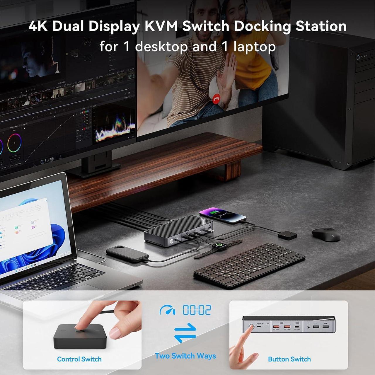Alt view image 2 of 7 - KVM Switch for Laptop & Desktop - 4K Dual Monitor KVM Switch with 2 HDMI, 15W Charge, USB C KVM 2 Monitors Docking Station for Thunderbolt 4/3, USB-C Windows Laptops(2 HDMI, 5 USB, Audio)