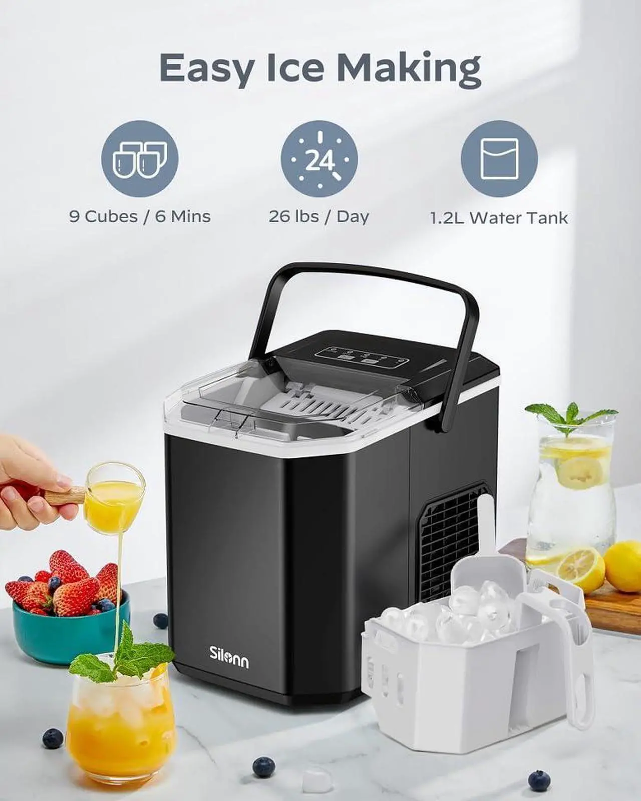 Alt view image 2 of 7 - Ice Maker Countertop, Portable Ice Machine with Carry Handle, Self-Cleaning Ice Makers with Basket and Scoop, 9 Cubes in 6 Mins, 26 lbs per Day, Ideal for Home, Kitchen, Camping, RV