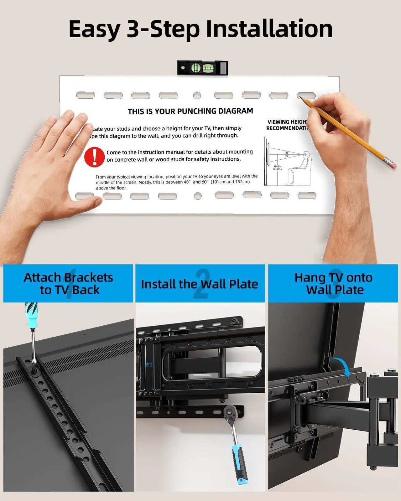 HOME VISION Full Motion TV Wall Mount for Most 3284 inch TVs up to132