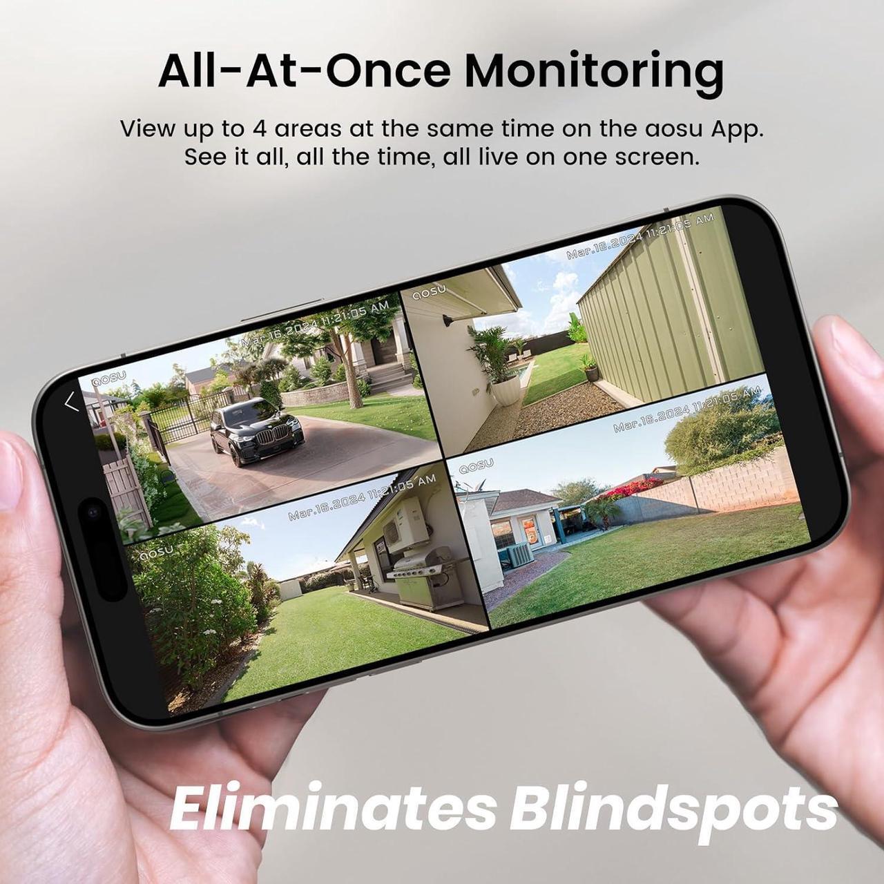 Alt view image 3 of 7 - Solar Security Cameras Wireless Outdoor, 2K QHD Home Security System, 4 Cameras Kit with 166° Ultra-Wide View, Forever Power, Spotlight Camera, 32G Local Storage, No Monthly Fee
