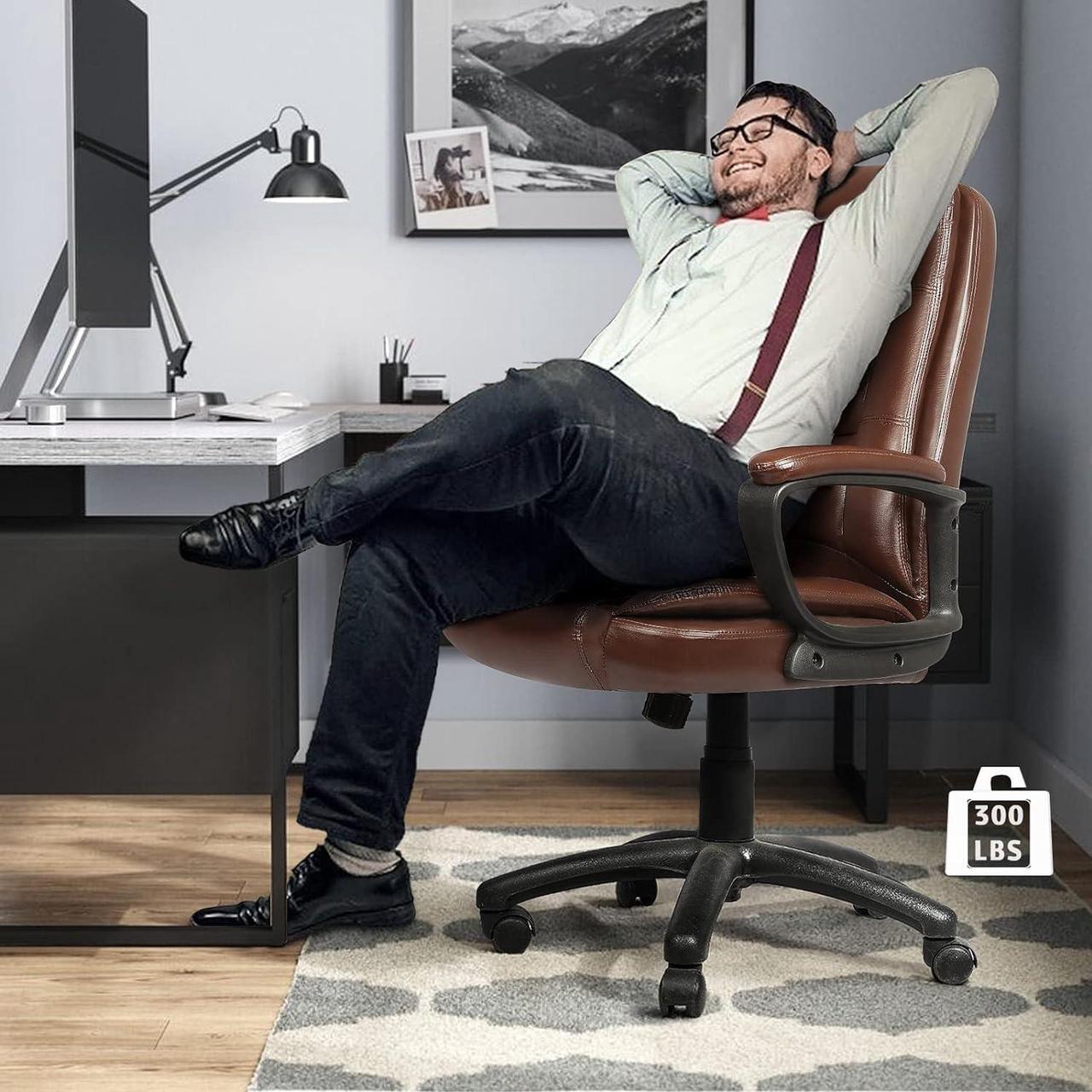 Alt view image 2 of 7 - Office Desk Chair, Big and Tall High Back Managerial Executive Computer Chair, Ergonomic Height Adjustable PU Leather Chairs with Cushions Armrest for Long Time Sitting (Brown)