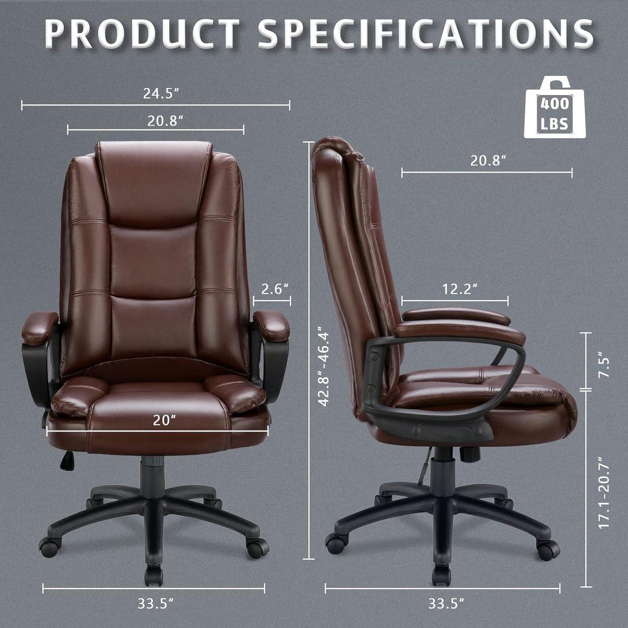 Alt view image 3 of 7 - Office Desk Chair, Big and Tall High Back Managerial Executive Computer Chair, Ergonomic Height Adjustable PU Leather Chairs with Cushions Armrest for Long Time Sitting (Brown)