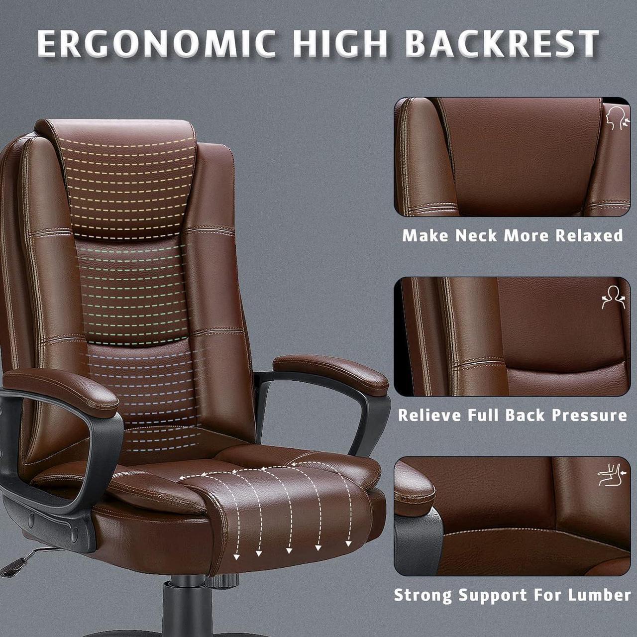 Alt view image 6 of 7 - Office Desk Chair, Big and Tall High Back Managerial Executive Computer Chair, Ergonomic Height Adjustable PU Leather Chairs with Cushions Armrest for Long Time Sitting (Brown)