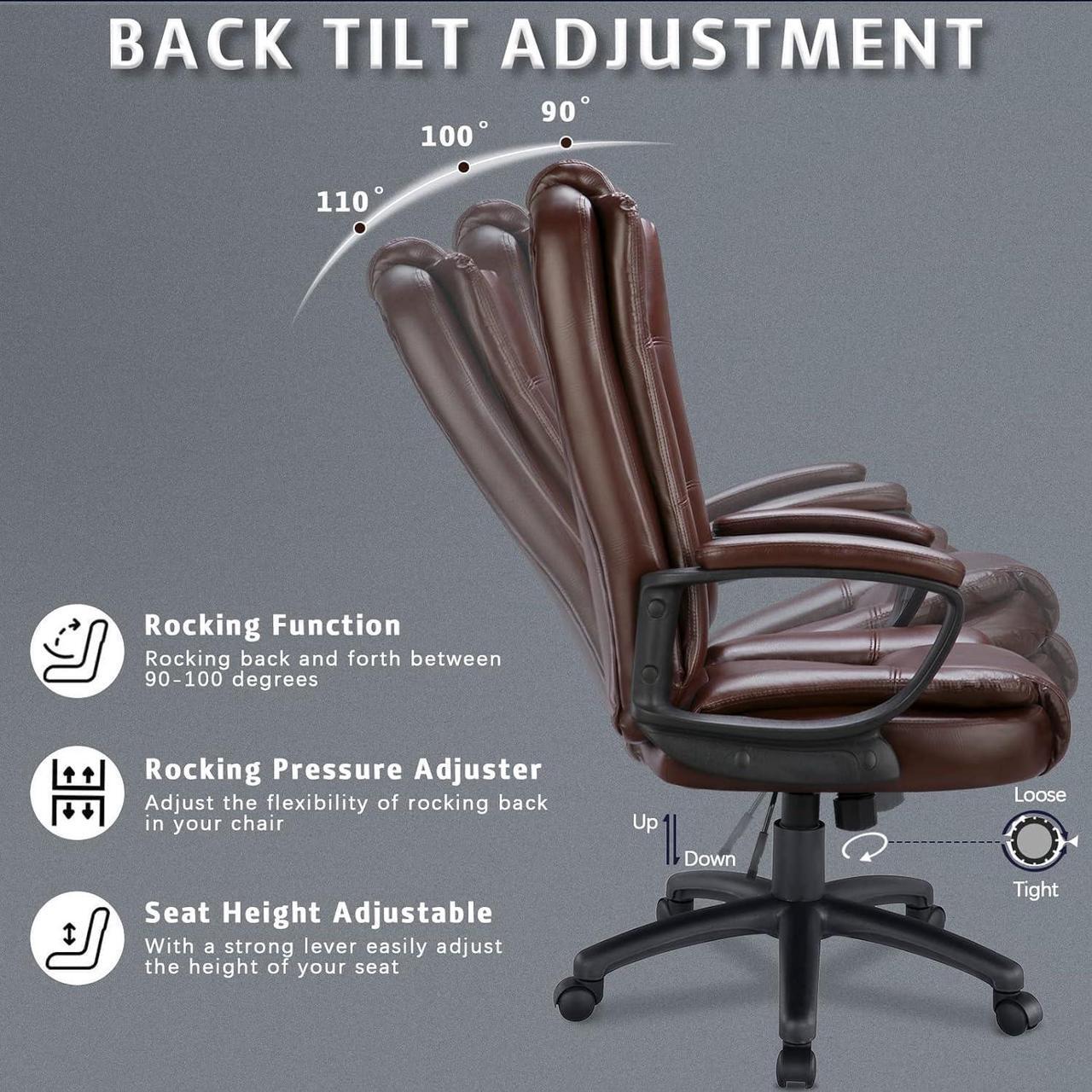 Alt view image 7 of 7 - Office Desk Chair, Big and Tall High Back Managerial Executive Computer Chair, Ergonomic Height Adjustable PU Leather Chairs with Cushions Armrest for Long Time Sitting (Brown)