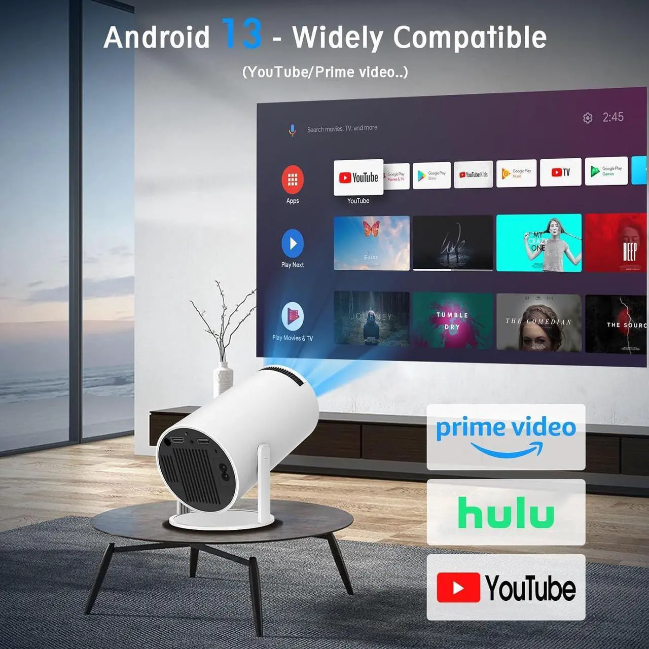 Alt view image 2 of 7 - Mini Projector, HY300 PRO Portable Projector, Support 4K 1080P with Dual-Band WIFI6 5G Wireless 5.2 Bluetooth Android 13, 180° Rotatable, Auto Keystone Correction, 35"-130" Screen Video Projector