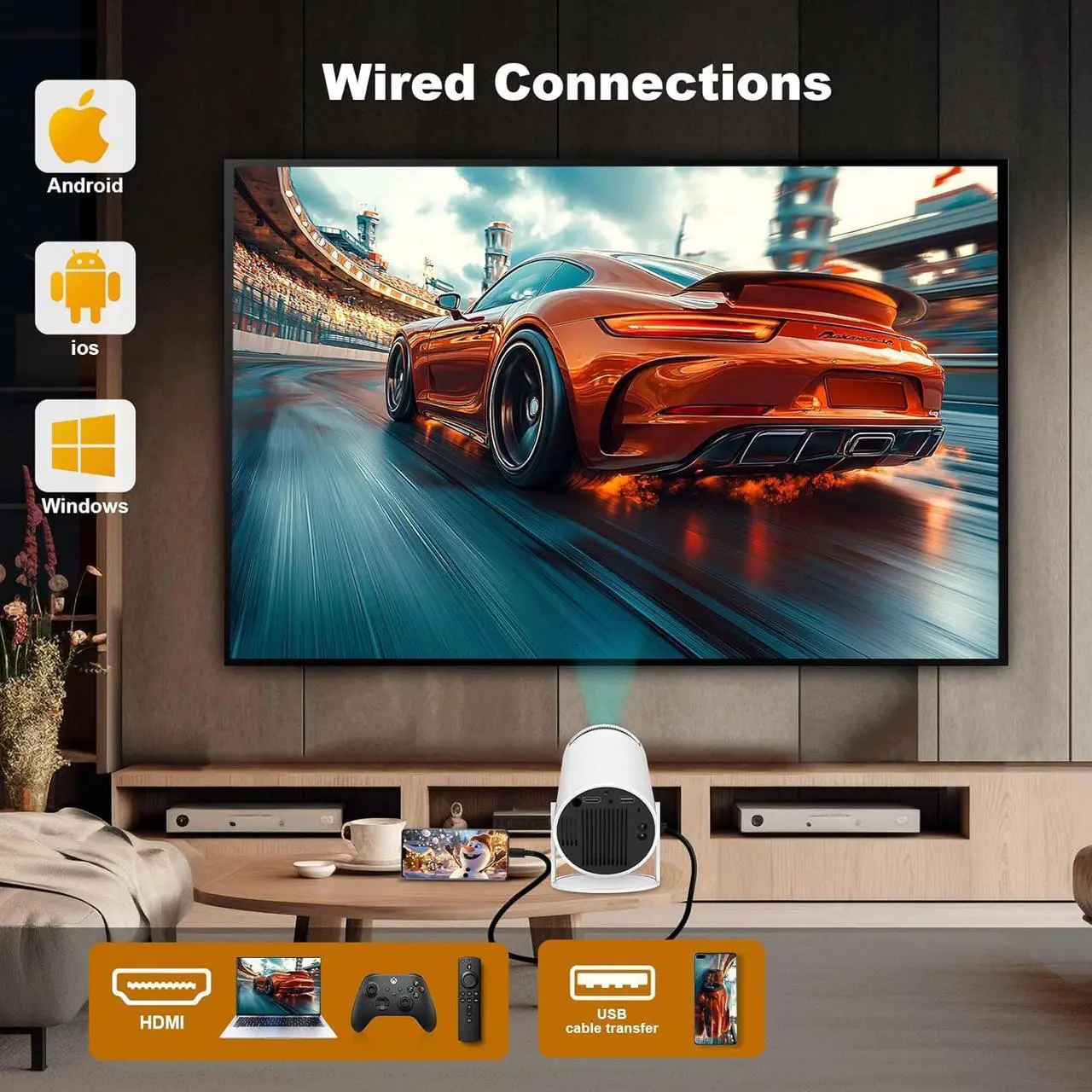 Alt view image 3 of 7 - Mini Projector, HY300 PRO Portable Projector, Support 4K 1080P with Dual-Band WIFI6 5G Wireless 5.2 Bluetooth Android 13, 180° Rotatable, Auto Keystone Correction, 35"-130" Screen Video Projector