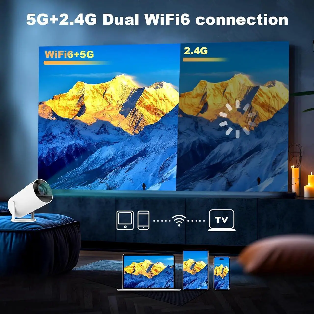Alt view image 4 of 7 - Mini Projector, HY300 PRO Portable Projector, Support 4K 1080P with Dual-Band WIFI6 5G Wireless 5.2 Bluetooth Android 13, 180° Rotatable, Auto Keystone Correction, 35"-130" Screen Video Projector