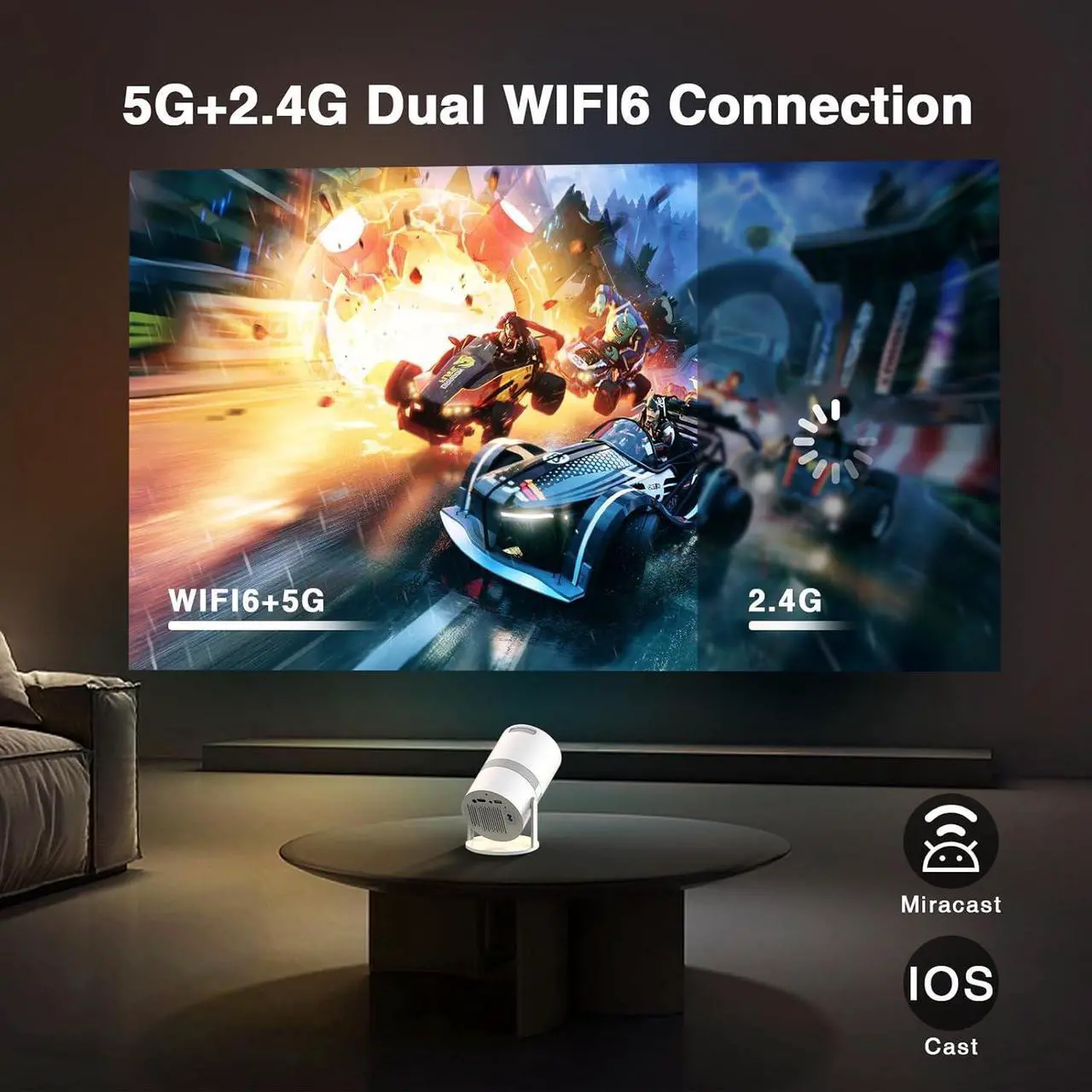 Alt view image 6 of 7 - [Built-in -Apps] PANSEBA 270°Adjustable Smart Mini Projector with WiFi 6 and Bluetooth, Auto Keystone Outdoor Movie Projector, Big Screen Home Portable Projector for Phone/TV Stick/Laptop/HDMI