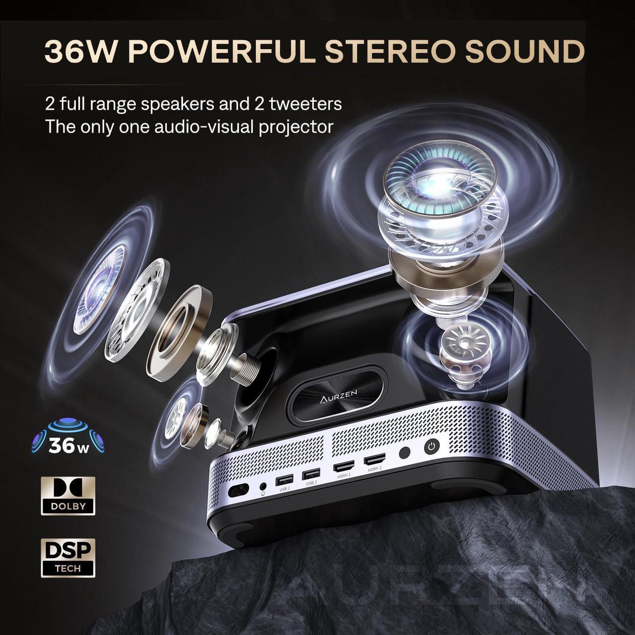 Alt view image 2 of 7 - 3-in-1 Projector 4K Supported, AURZEN BOOM 3 Smart Projector with WiFi and Bluetooth, 3D DoIby Audio & 36W Speakers, Auto Focus & Keystone, Netflix Official 500 ANSI Home Outdoor proyector, Black