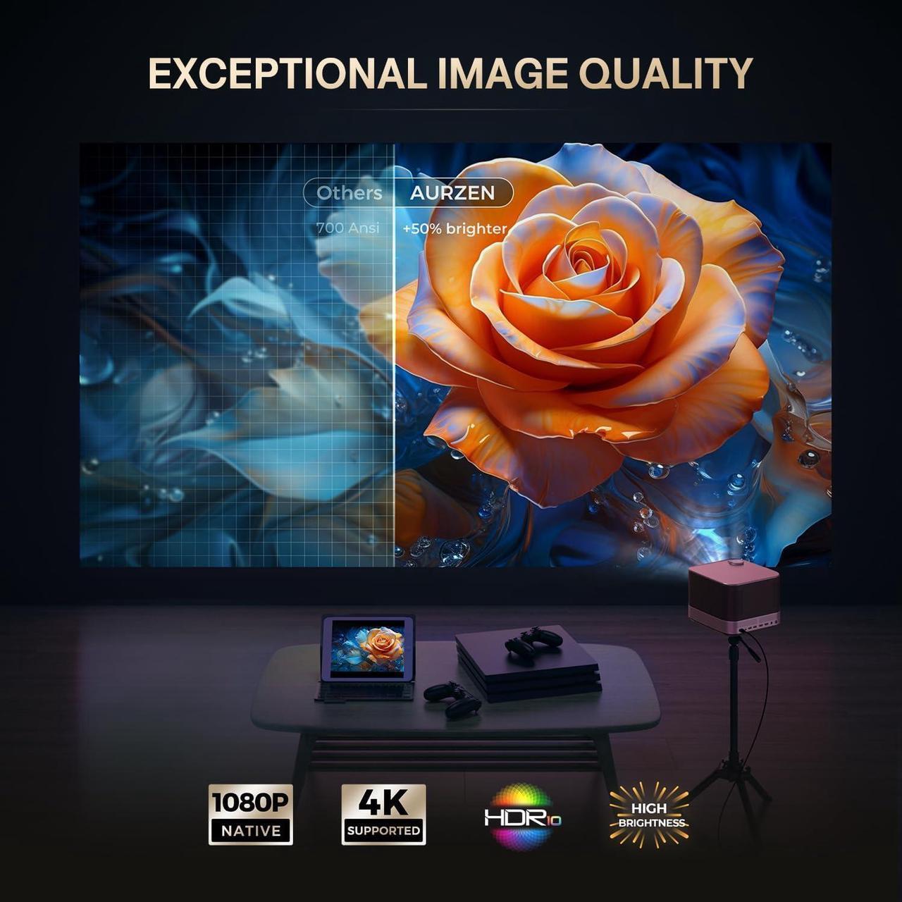 Alt view image 5 of 7 - 3-in-1 Projector 4K Supported, AURZEN BOOM 3 Smart Projector with WiFi and Bluetooth, 3D DoIby Audio & 36W Speakers, Auto Focus & Keystone, Netflix Official 500 ANSI Home Outdoor proyector, Black