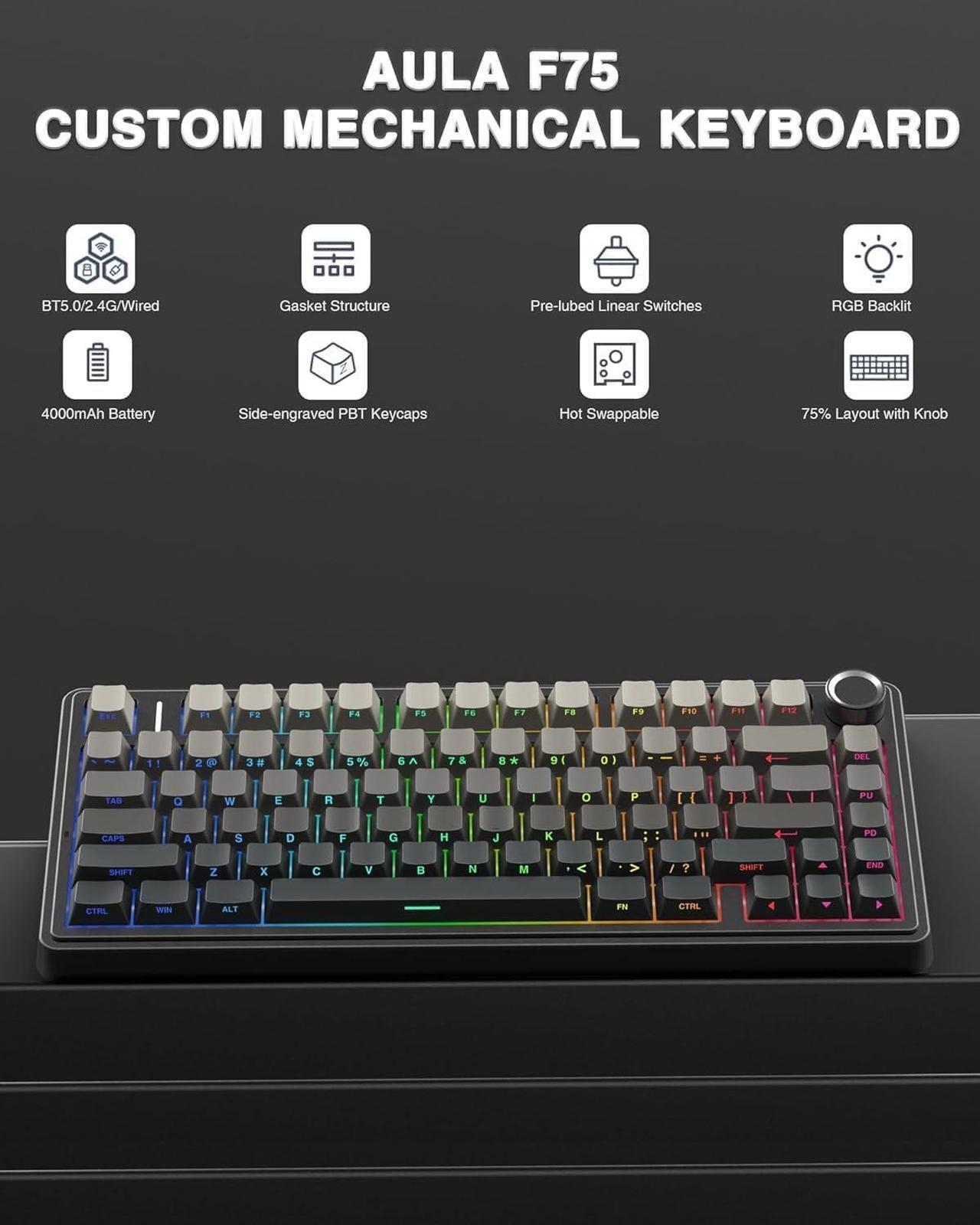 Alt view image 2 of 7 - AULA F75 Pro Wireless Mechanical Keyboard,75% Gasket Hot Swappable Custom Keyboard,RGB Backlit,Pre-lubed Reaper Switches,Side Printed PBT Keycaps,2.4GHz/USB-C/BT5.0 Mechanical Gaming Keyboard
