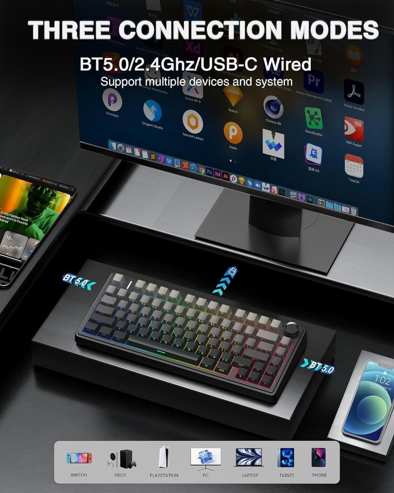 Alt view image 3 of 7 - AULA F75 Pro Wireless Mechanical Keyboard,75% Gasket Hot Swappable Custom Keyboard,RGB Backlit,Pre-lubed Reaper Switches,Side Printed PBT Keycaps,2.4GHz/USB-C/BT5.0 Mechanical Gaming Keyboard