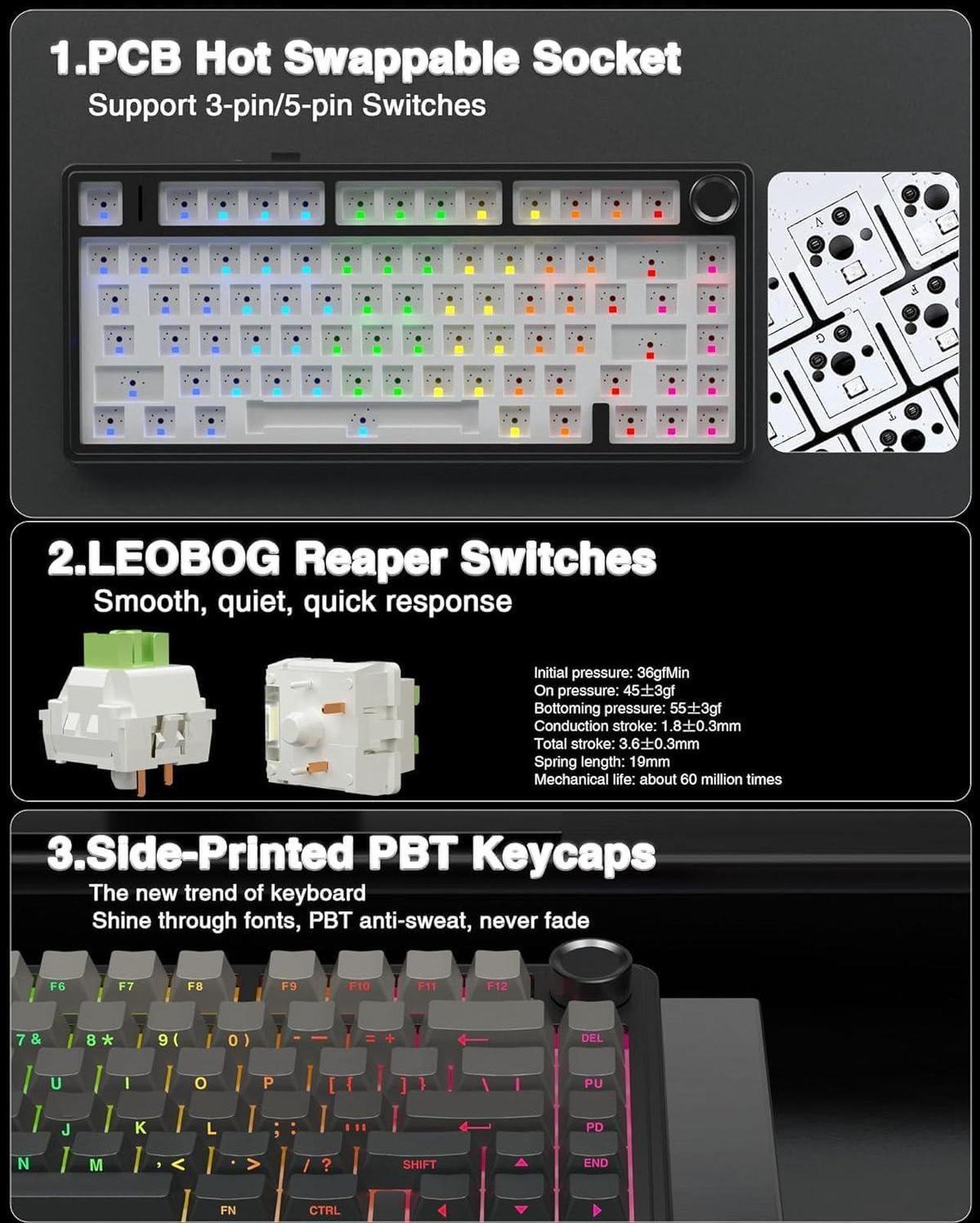 Alt view image 5 of 7 - AULA F75 Pro Wireless Mechanical Keyboard,75% Gasket Hot Swappable Custom Keyboard,RGB Backlit,Pre-lubed Reaper Switches,Side Printed PBT Keycaps,2.4GHz/USB-C/BT5.0 Mechanical Gaming Keyboard