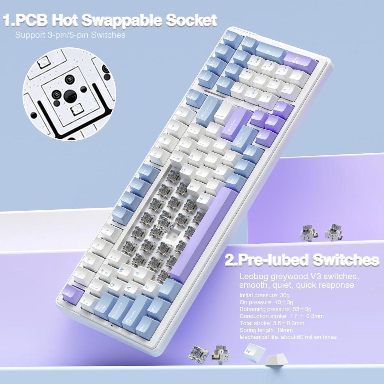 Alt view image 4 of 7 - AULA F99 Wireless Mechanical Keyboard,Tri-Mode BT5.0/2.4GHz/USB-C Hot Swappable Custom Keyboard,Pre-lubed Linear Switches,Gasket Structure,RGB Backlit Gaming Keyboard for PC/Tablet/Xbox/PS4/PS5