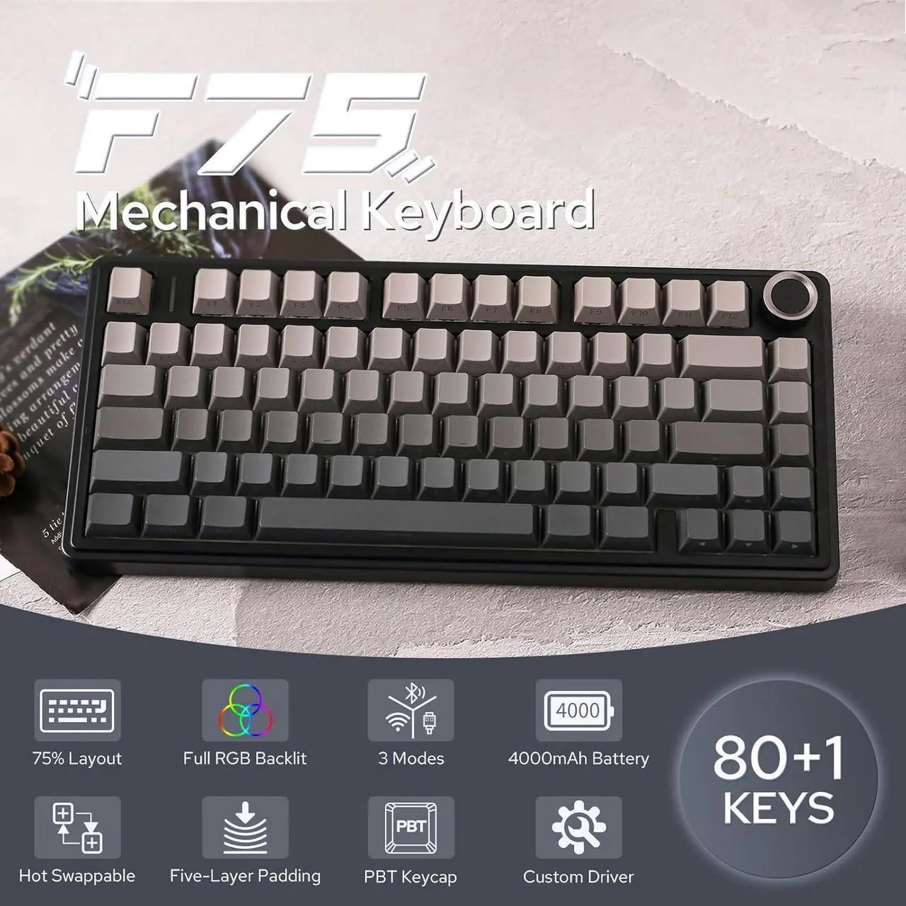 Alt view image 2 of 7 - Aula F75 Gasket Mechanical Keyboard, 75% Wireless Hot Swappable Gaming Keyboard with Five-Layer Padding&Knob, Bluetooth/2.4GHz/USB-C, RGB (Black Gradient, LEOBOG Reaper Switch)
