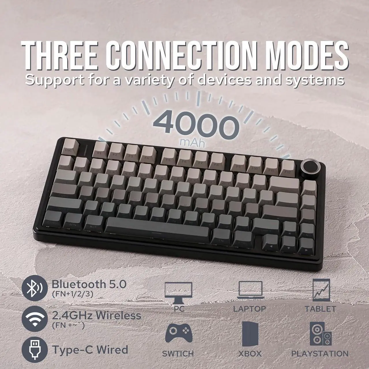 Alt view image 3 of 7 - Aula F75 Gasket Mechanical Keyboard, 75% Wireless Hot Swappable Gaming Keyboard with Five-Layer Padding&Knob, Bluetooth/2.4GHz/USB-C, RGB (Black Gradient, LEOBOG Reaper Switch)