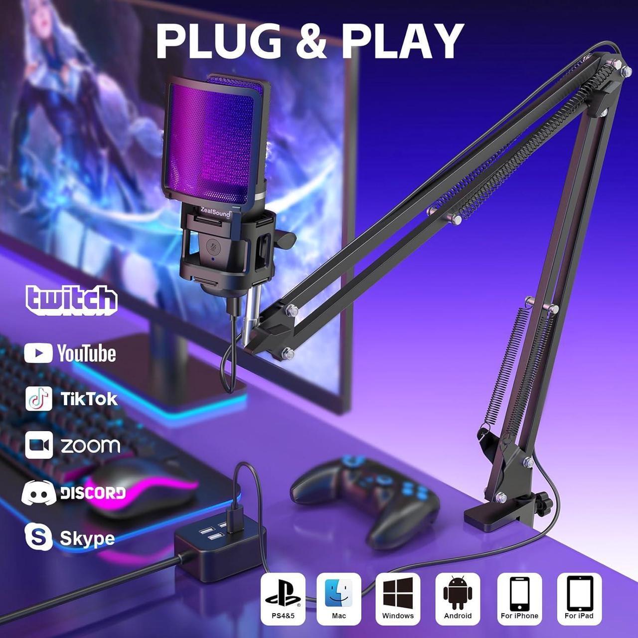Alt view image 2 of 7 - ZealSound Gaming USB Microphone,Noise Cancellation Condenser mic,RGB Microphone with Mute,Gain,Monitoring,Boom Arm,Pop Filter for Phone,PC,Computer,PS4,PS5,Mac,Streaming,Podcast,Twitch,YouTube,Discord