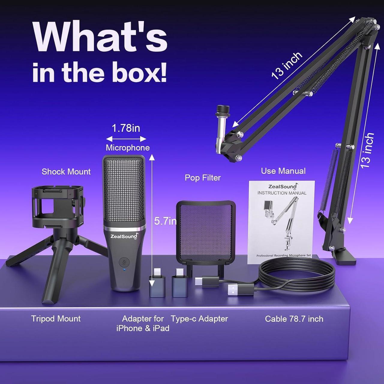 Alt view image 7 of 7 - ZealSound Gaming USB Microphone,Noise Cancellation Condenser mic,RGB Microphone with Mute,Gain,Monitoring,Boom Arm,Pop Filter for Phone,PC,Computer,PS4,PS5,Mac,Streaming,Podcast,Twitch,YouTube,Discord