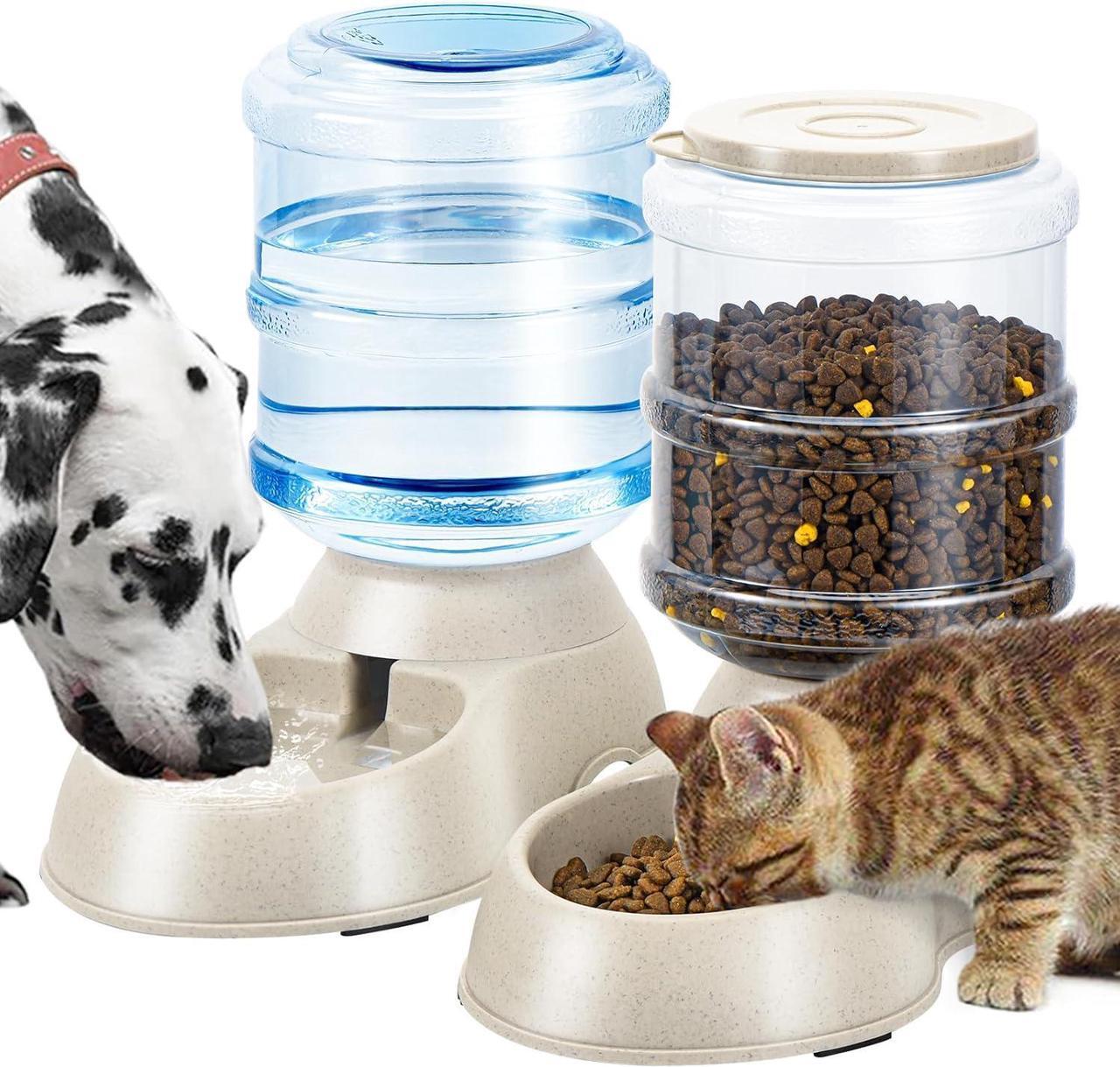 Main image of 2 Pack Automatic Cat Feeder and Water Dispenser in Set Pet Food Bowl for Small Medium Dog Pets Puppy Kitten Big Capacity 1 Gallon x 2 (Cream)