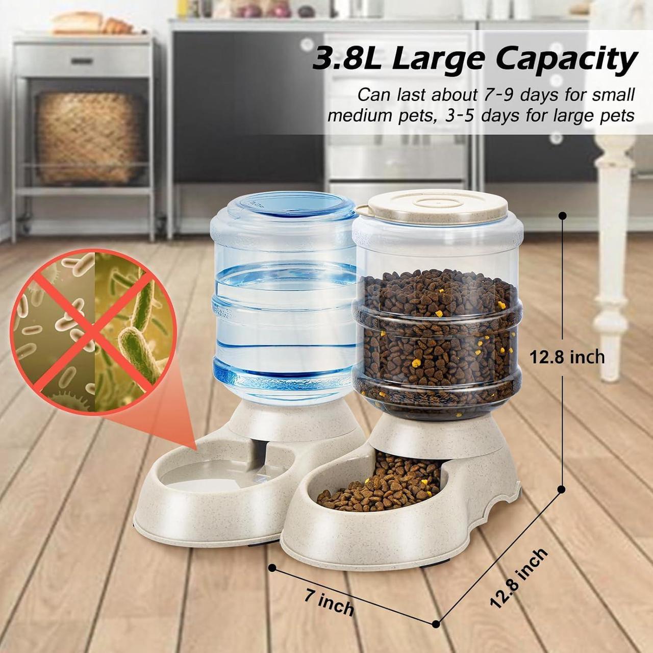 Alt view image 4 of 7 - 2 Pack Automatic Cat Feeder and Water Dispenser in Set Pet Food Bowl for Small Medium Dog Pets Puppy Kitten Big Capacity 1 Gallon x 2 (Cream)