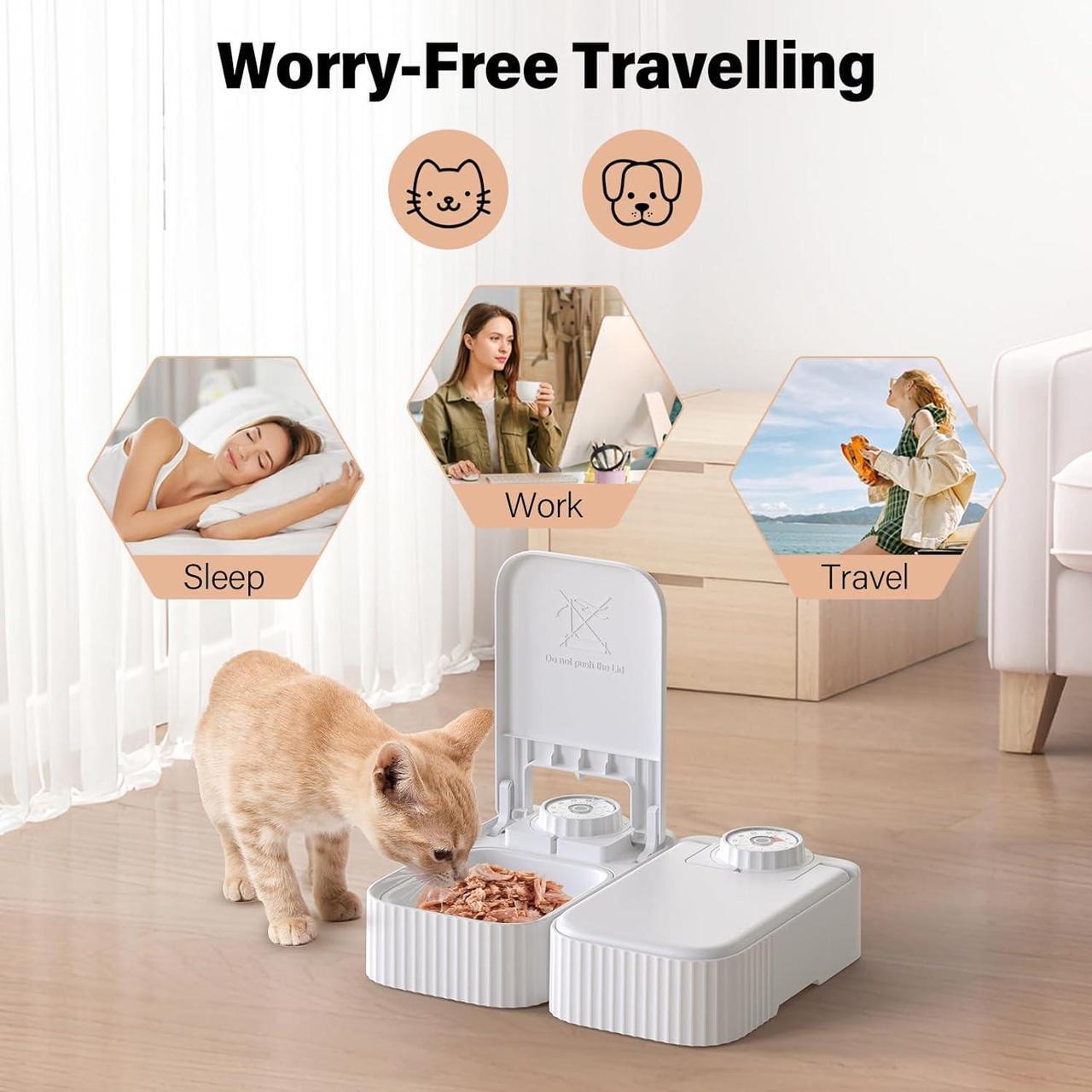 Alt view image 7 of 7 - Automatic Timed Cat Feeder - 48 Hour Timer Double Cat Bowl with Dual Ice Pack Refrigerated Dispenser for Puppies and Kittens in Yogurt, Canned and Wet Food (Extra Large-Upgrade Double Bowl)