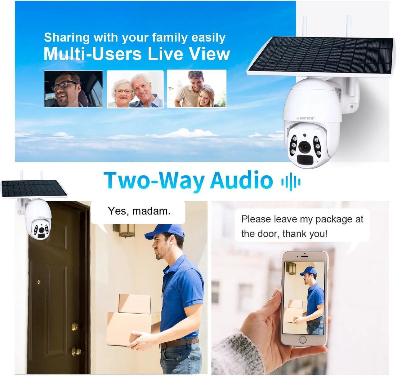 Alt view image 6 of 6 - INSEETECH Upgrade 2K 4MP Solar Security Camera Wireless Outdoor, Tuya Pan Tilt Solar Powered WiFi Camera for Home, 98FT Night Vision, Motion Detection, Waterproof IP66 2 Way Audio, Two Installation