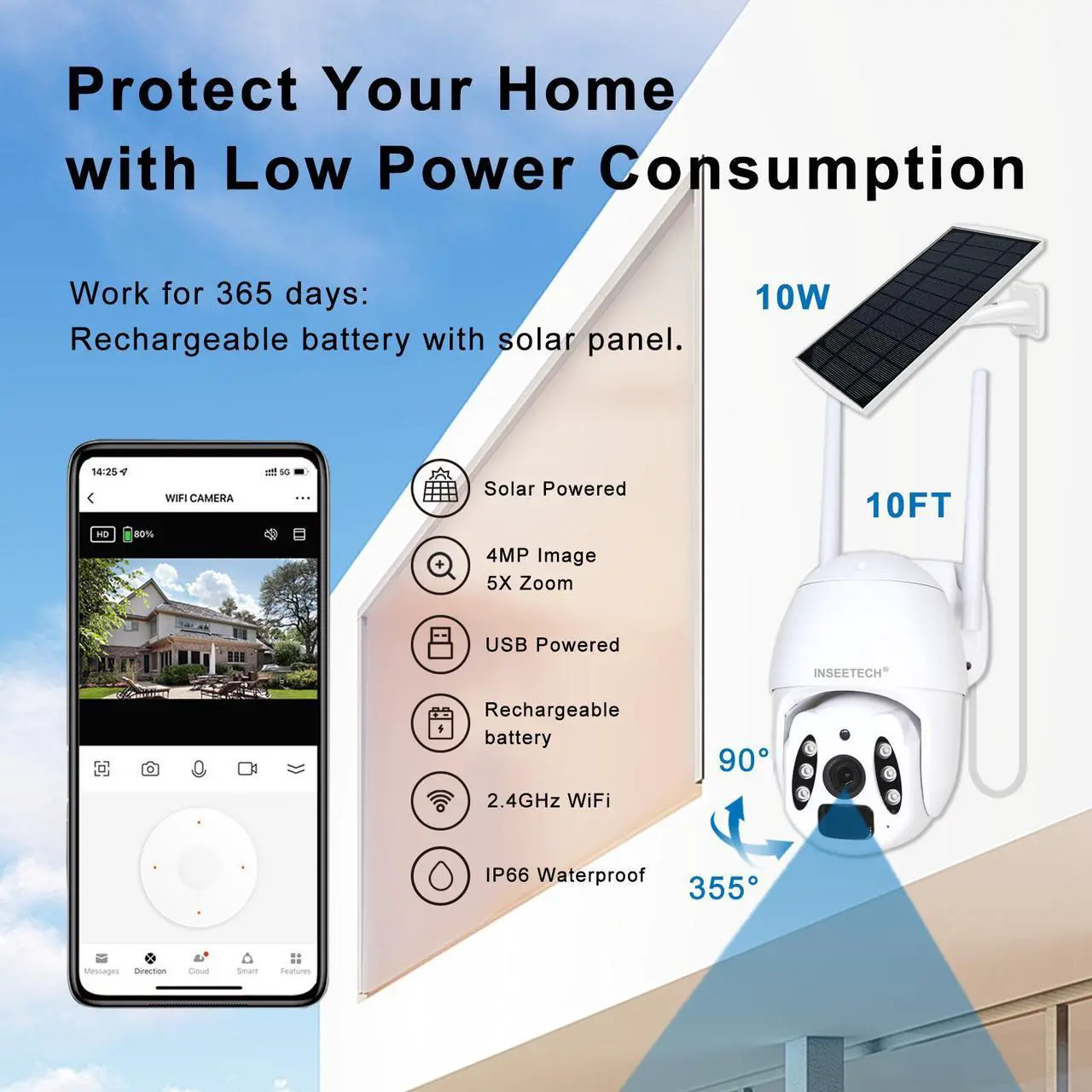 Alt view image 3 of 6 - INSEETECH Upgrade 2K 4MP Solar Security Camera Wireless Outdoor, Tuya Pan Tilt Solar Powered WiFi Camera for Home, 98FT Night Vision, Motion Detection, Waterproof IP66 2 Way Audio, Two Installation