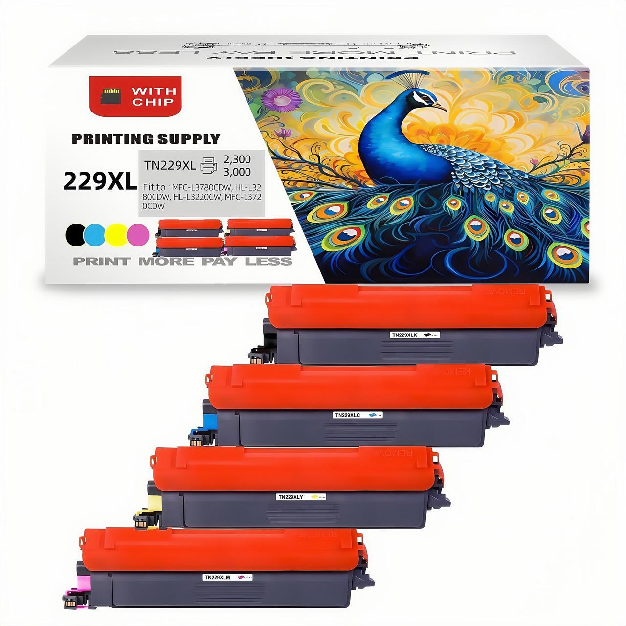 Main image of TN229XL 4PK BKCMY Toner Cartridge Compatible for Brother TN229 XL, Fits for Brother HL-L3220 HL-L3280cdw HL-L3295cdw HL-L3300cdw HL-L8245 MFC-L3720 MFC-L3765cdw MFC-L3780cdw MFC-L8395cdw With Chip
