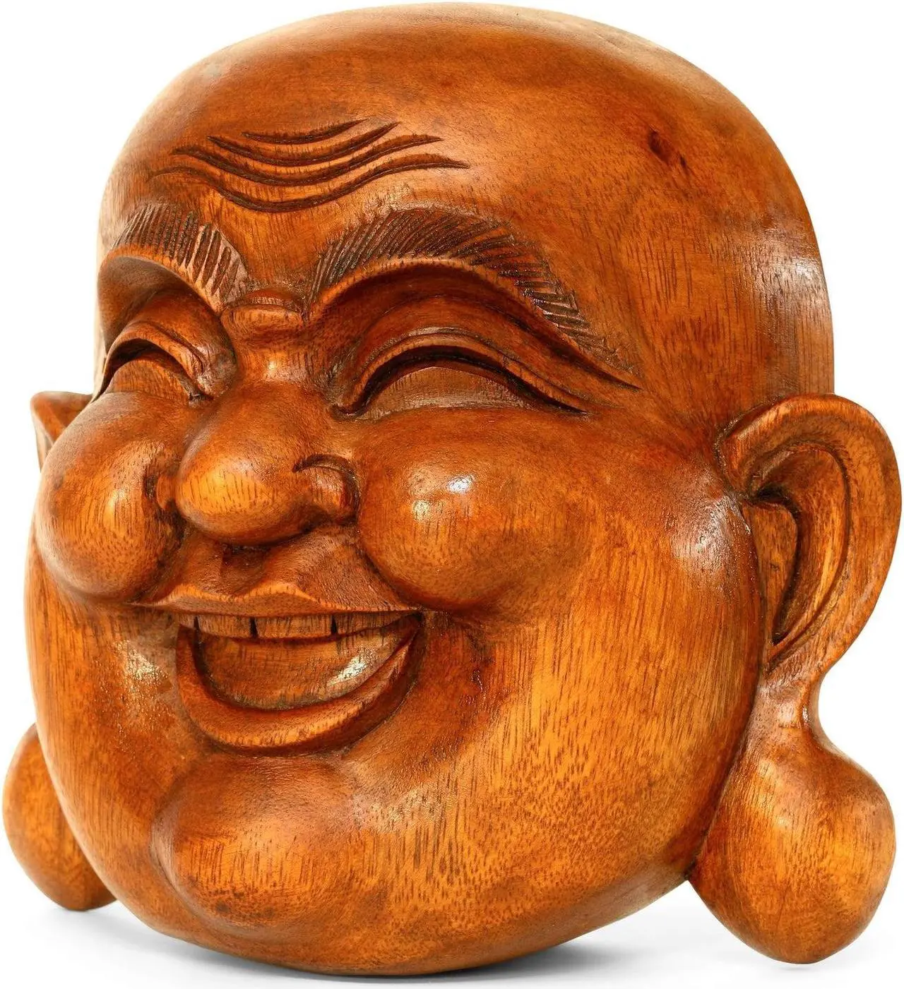 Alt view image 3 of 4 - G6 COLLECTION Wooden Wall Mask Laughing Smiling Happy Buddha Head Statue Hand Carved Stand Alone Sculpture Handmade Figurine Decor Handcrafted Art Wall Hanging